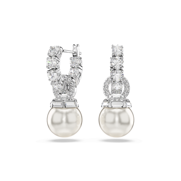 Matrix drop earrings, Crystal pearl, Round cut, White, Rhodium plated — article 5723778