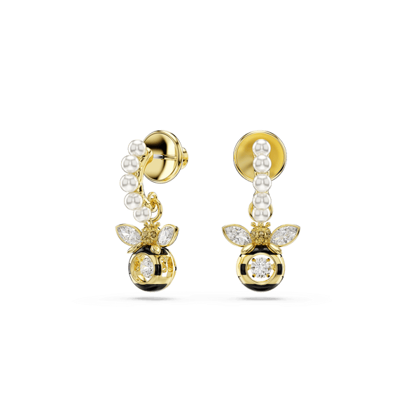 Idyllia drop earrings, Crystal pearl, Mixed cuts, Bee, Multicolored, 18K gold finish — article 5742678