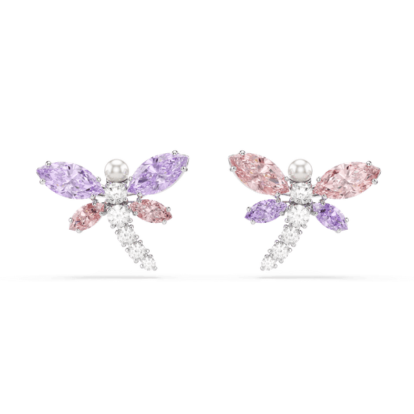 Ariana Grande x Swarovski stud earrings, Mixed cuts, Dragonfly, Multicolored, Rhodium plated — article 5750495