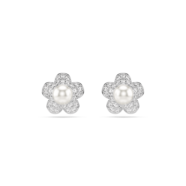 Ariana Grande x Swarovski stud earrings, Crystal Pearl, Round cut, Flower, White, Rhodium plated — article 5756098