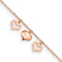 14k Rose Gold 3 Hearts 9in Plus 1in Extension Anklet