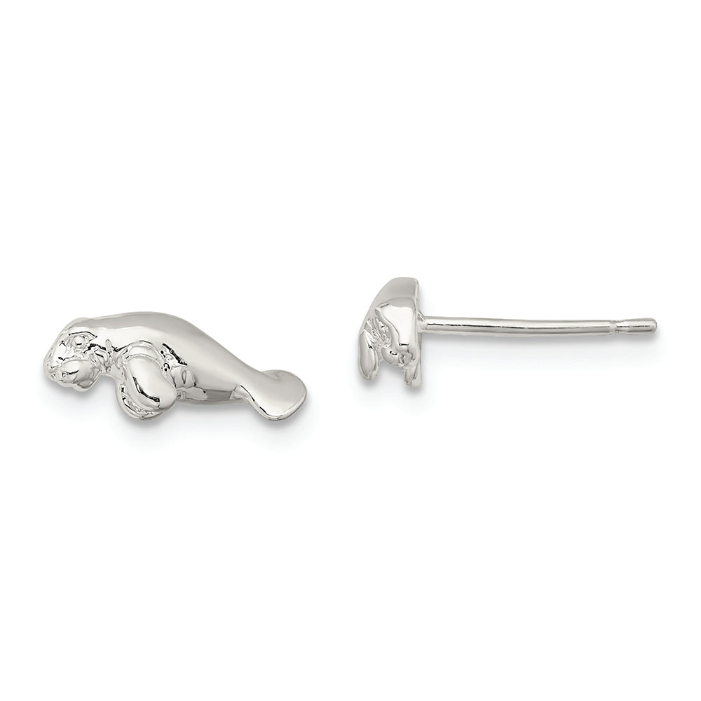 Sterling Silver Rhodium-plated Polished Mini Manatee Post Earrings