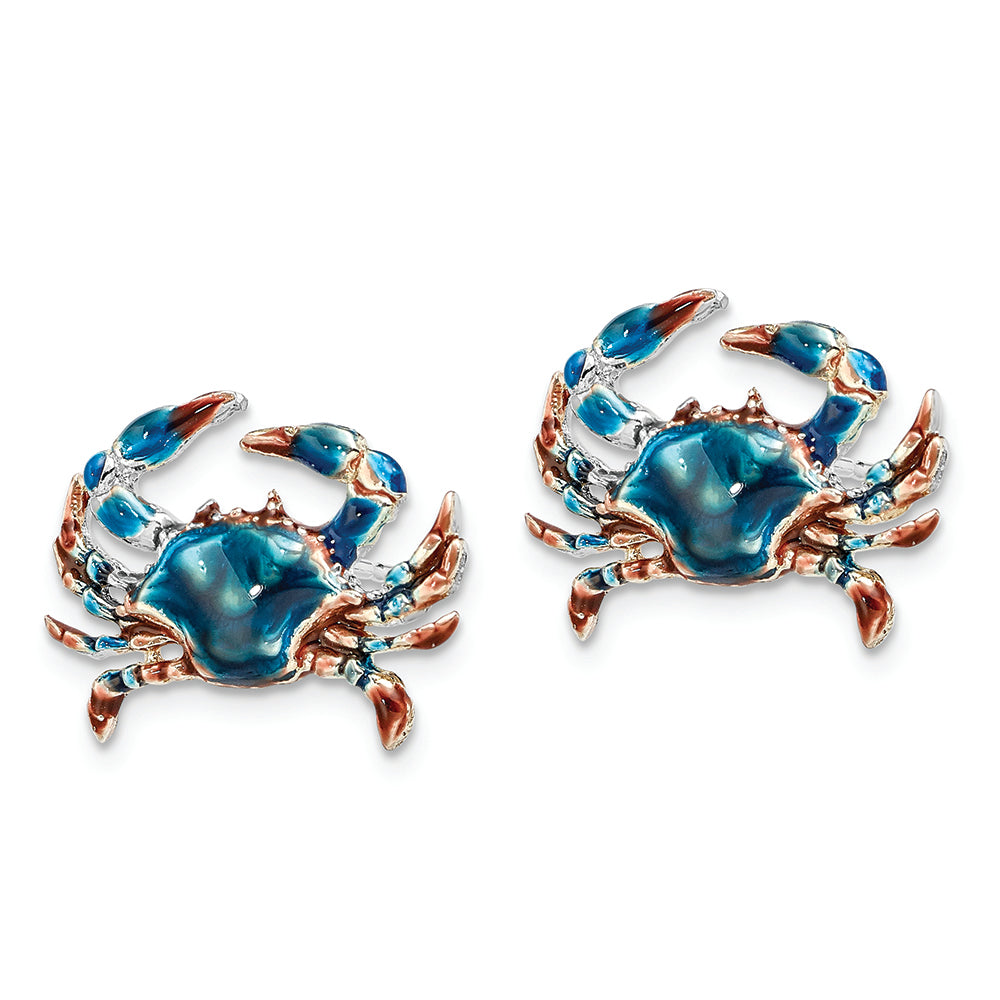 Sterling Silver Rhodium-plated Polished Enamel Blue Crab Post Earrings