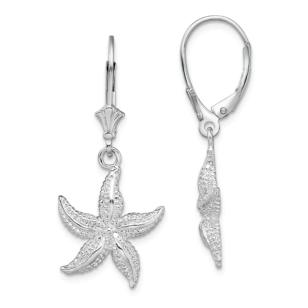 Sterling Silver Rhodium-plated Polished Starfish Leverback Earrings