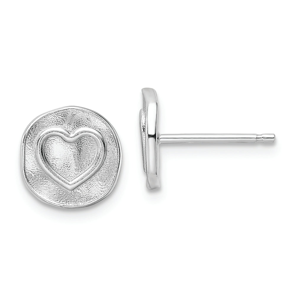 Sterling Silver Rhodium-plated Heart in Satin Circle Post Earrings