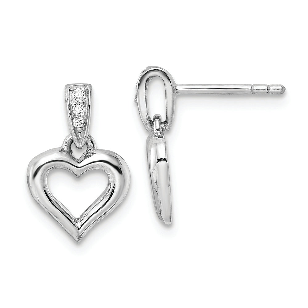 Sterling Silver RH Polished CZ Heart Post Dangle Earrings