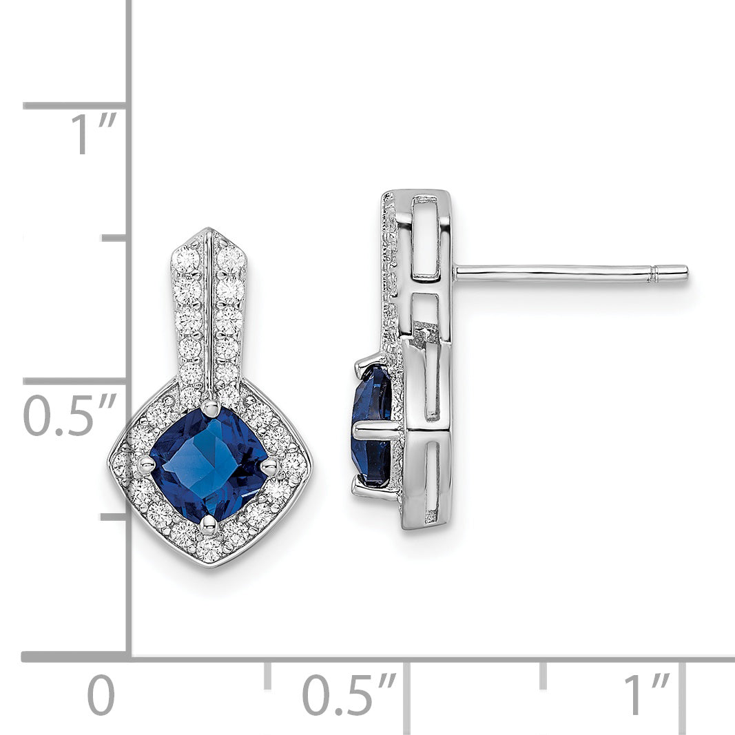 Sterling Silver Rhodium-plated CZ and Blue Glass Post Earrings