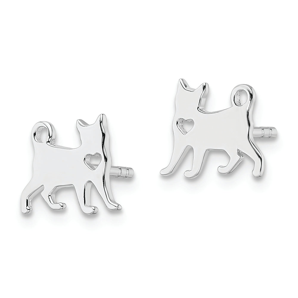 Sterling Silver Rhodium-plated Cat w/Heart Post Earrings