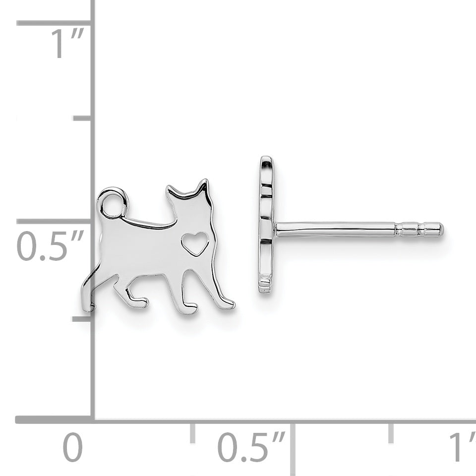 Sterling Silver Rhodium-plated Cat w/Heart Post Earrings