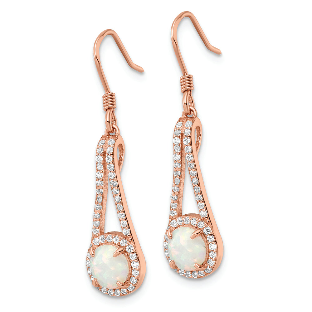 Sterling Silver Rose-tone Polished CZ & White Created Opal Dangle Earrings