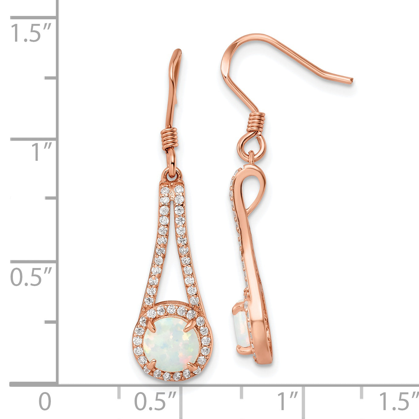Sterling Silver Rose-tone Polished CZ & White Created Opal Dangle Earrings