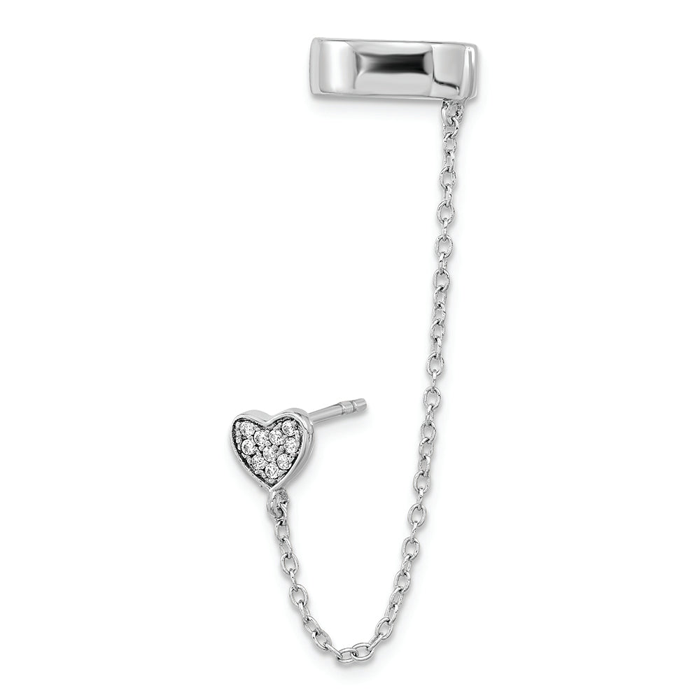 Sterling Silver RH-plated CZ Heart w/ 2in Chain Single Post & Cuff Earrin