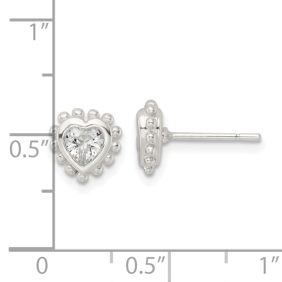 Sterling Silver Polished & Beaded Edge Heart CZ Post Earrings