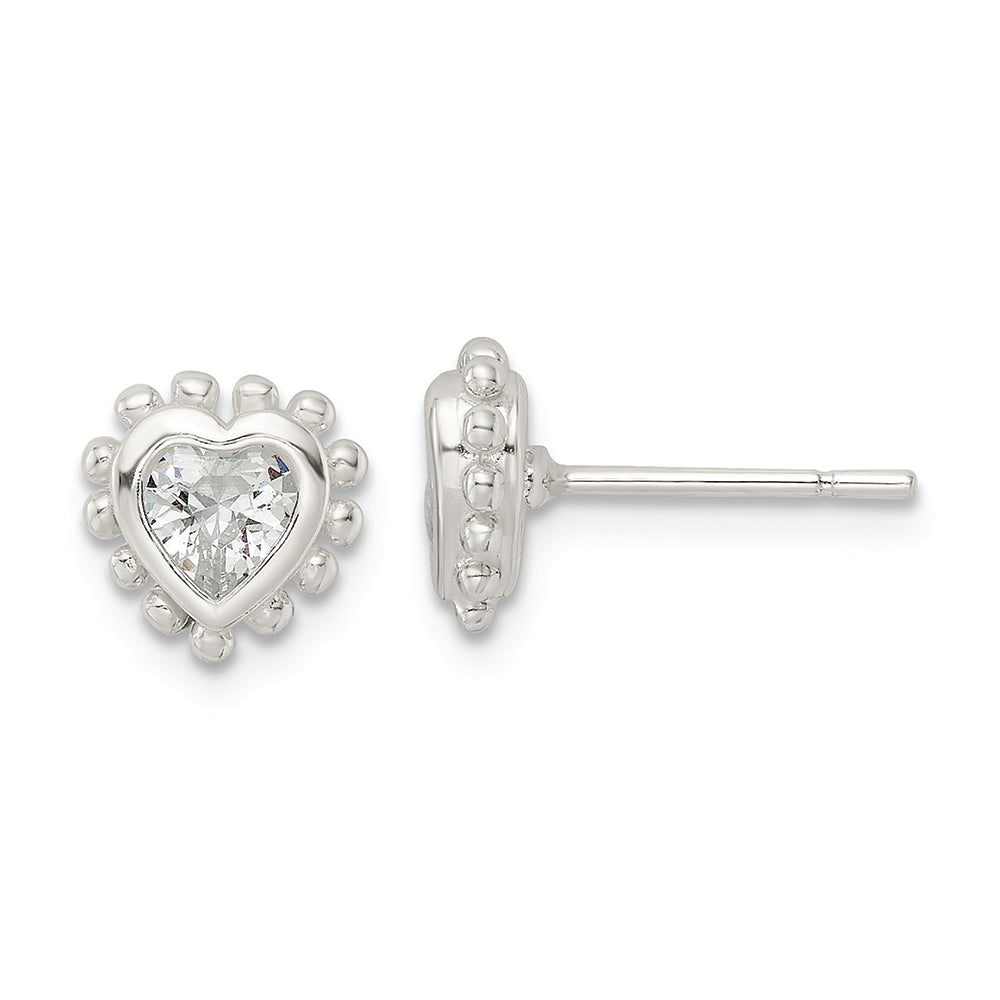 Sterling Silver Polished & Beaded Edge Heart CZ Post Earrings
