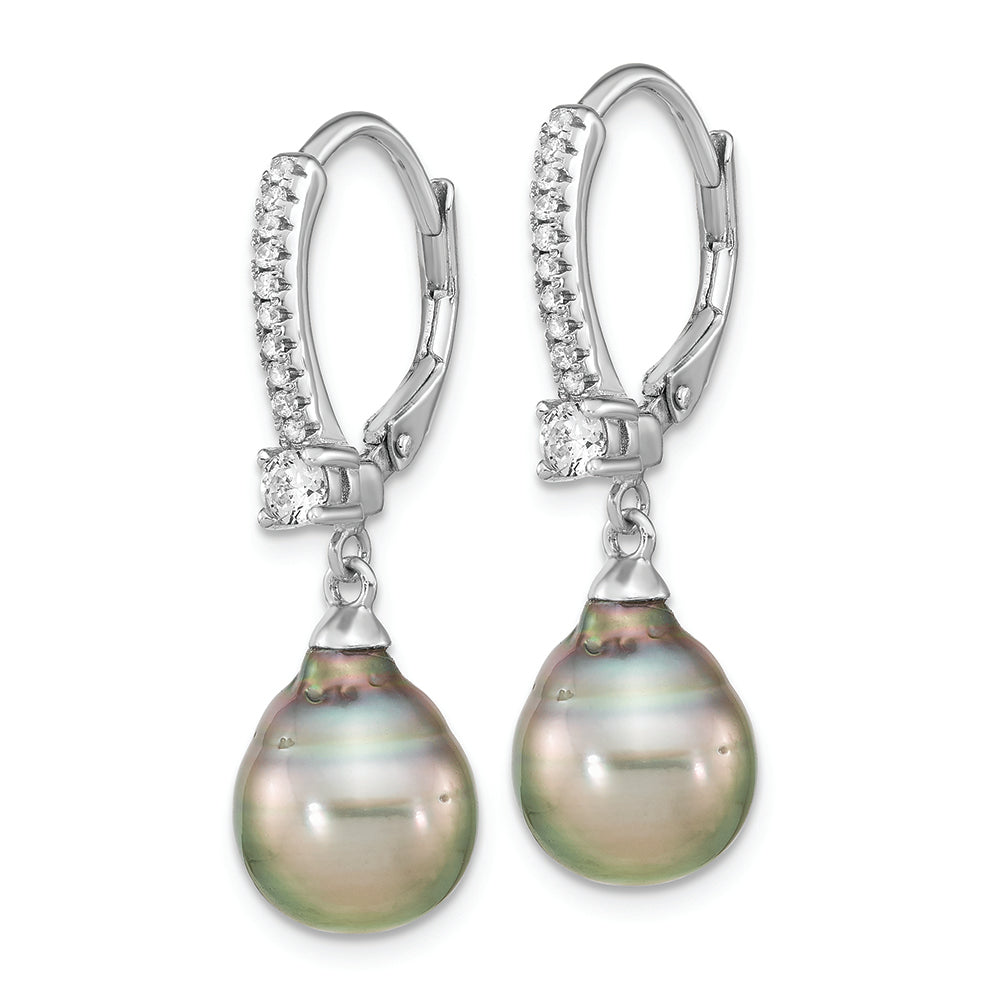 SS RH-plated 9-10mm Tahitian Saltwater Pearl & CZ Leverback Earrings