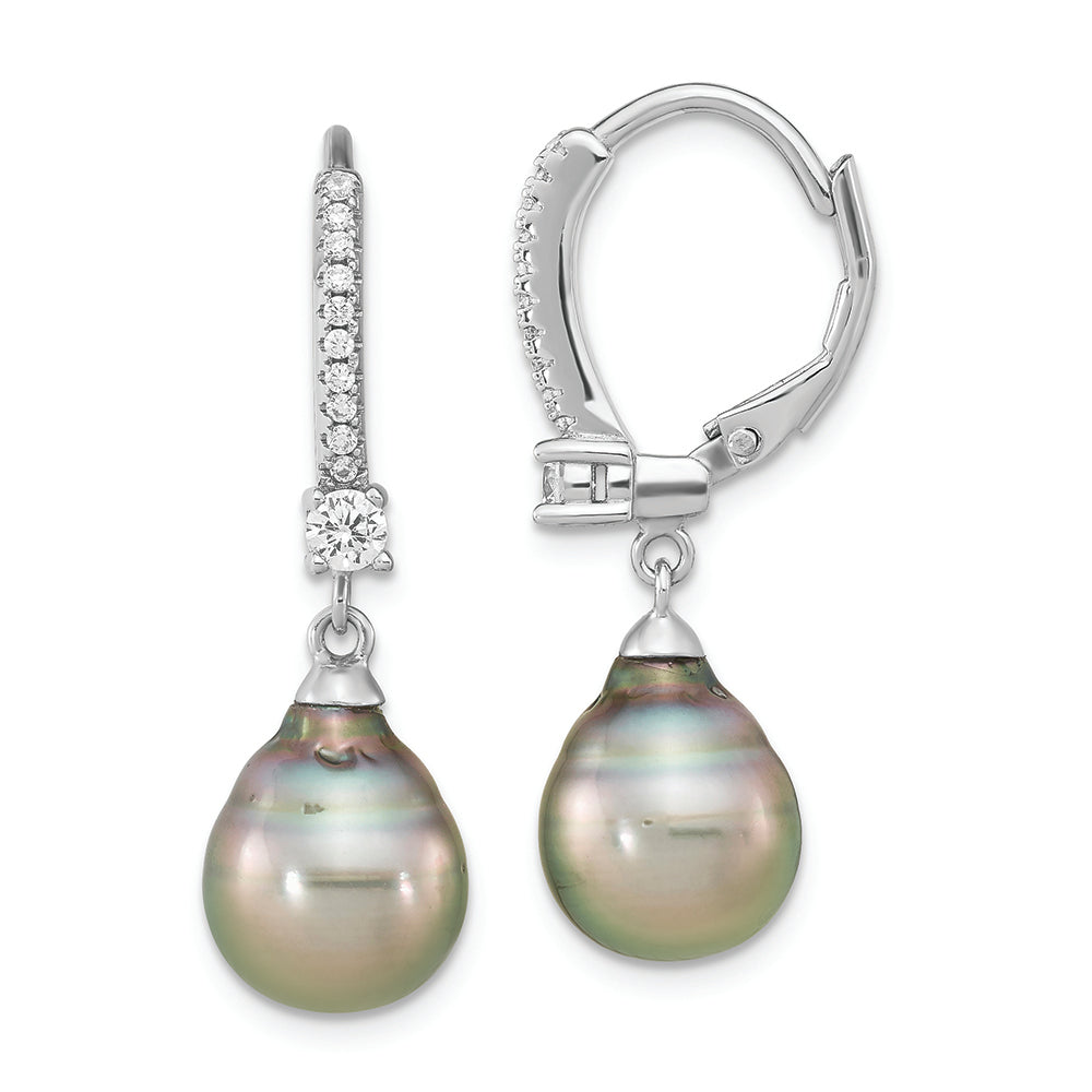 SS RH-plated 9-10mm Tahitian Saltwater Pearl & CZ Leverback Earrings