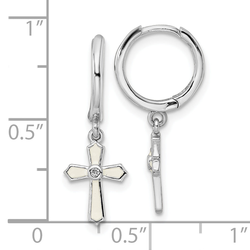 Sterling Silver RH-plated CZ White Enamel Cross Dangle Hoop Earrings