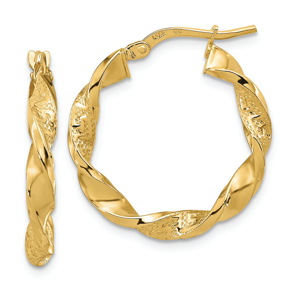 14k Polished and Textured Twisted 3mm Hoop Earrings