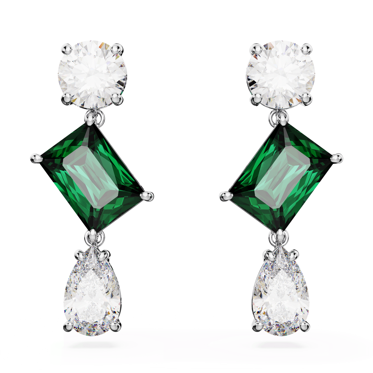 Mesmera drop earrings, Mixed cuts, Green, Rhodium plated