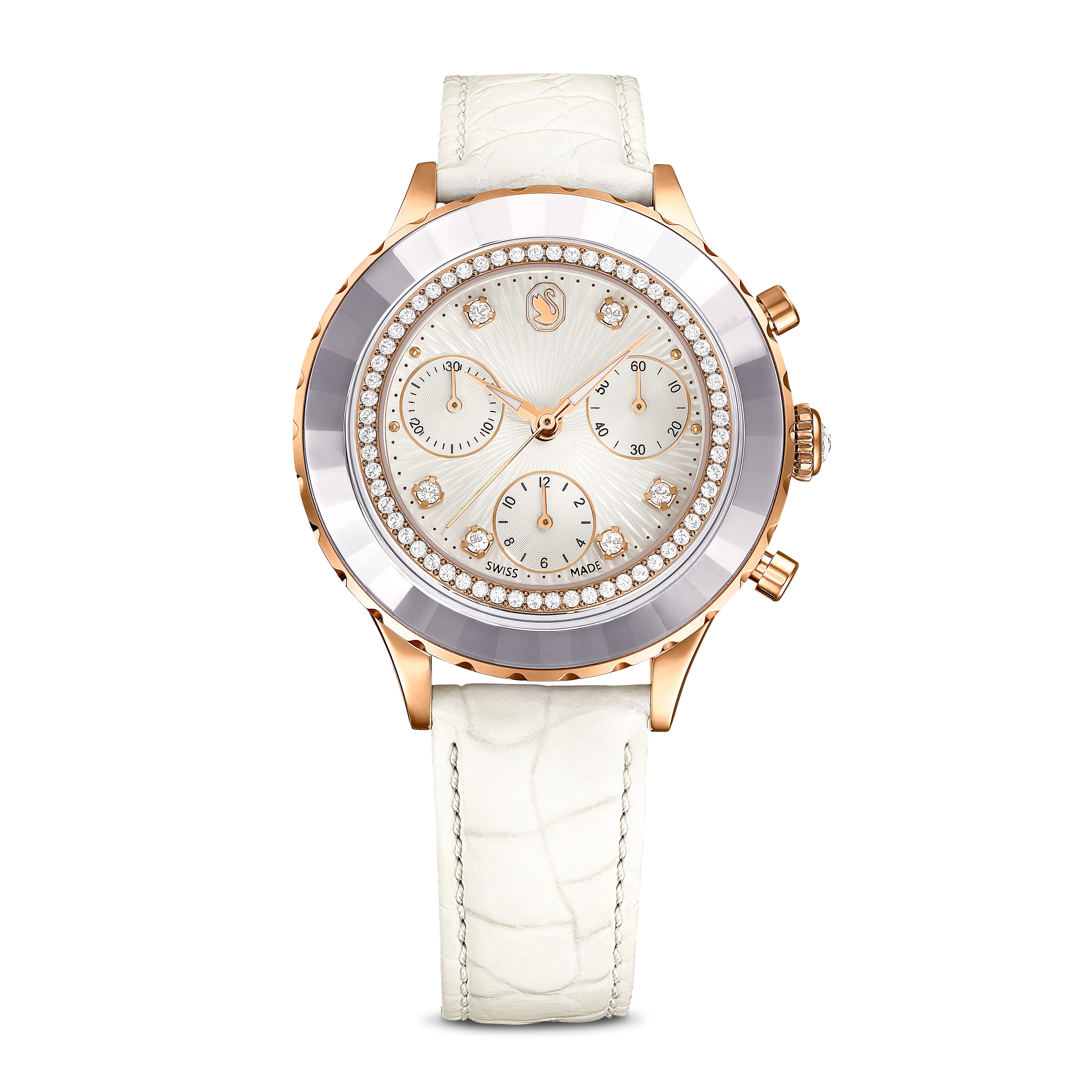 Swarovski Octea chrono watch, Swiss Made, Leather strap, White, Rose gold-tone finish — article 5671150