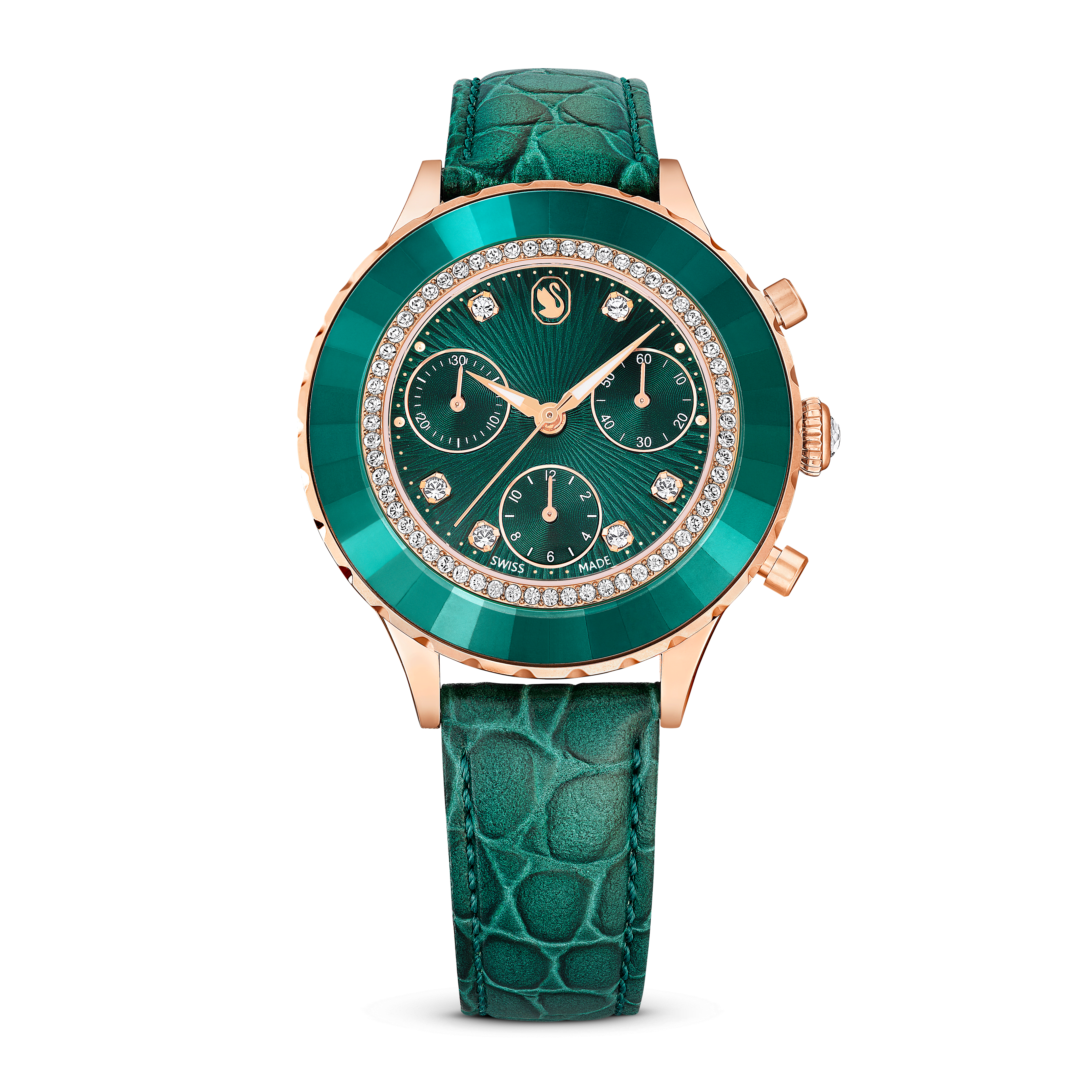 Swarovski Octea chrono watch, Swiss Made, Leather strap, Green, Rose gold-tone finish — article 5672931