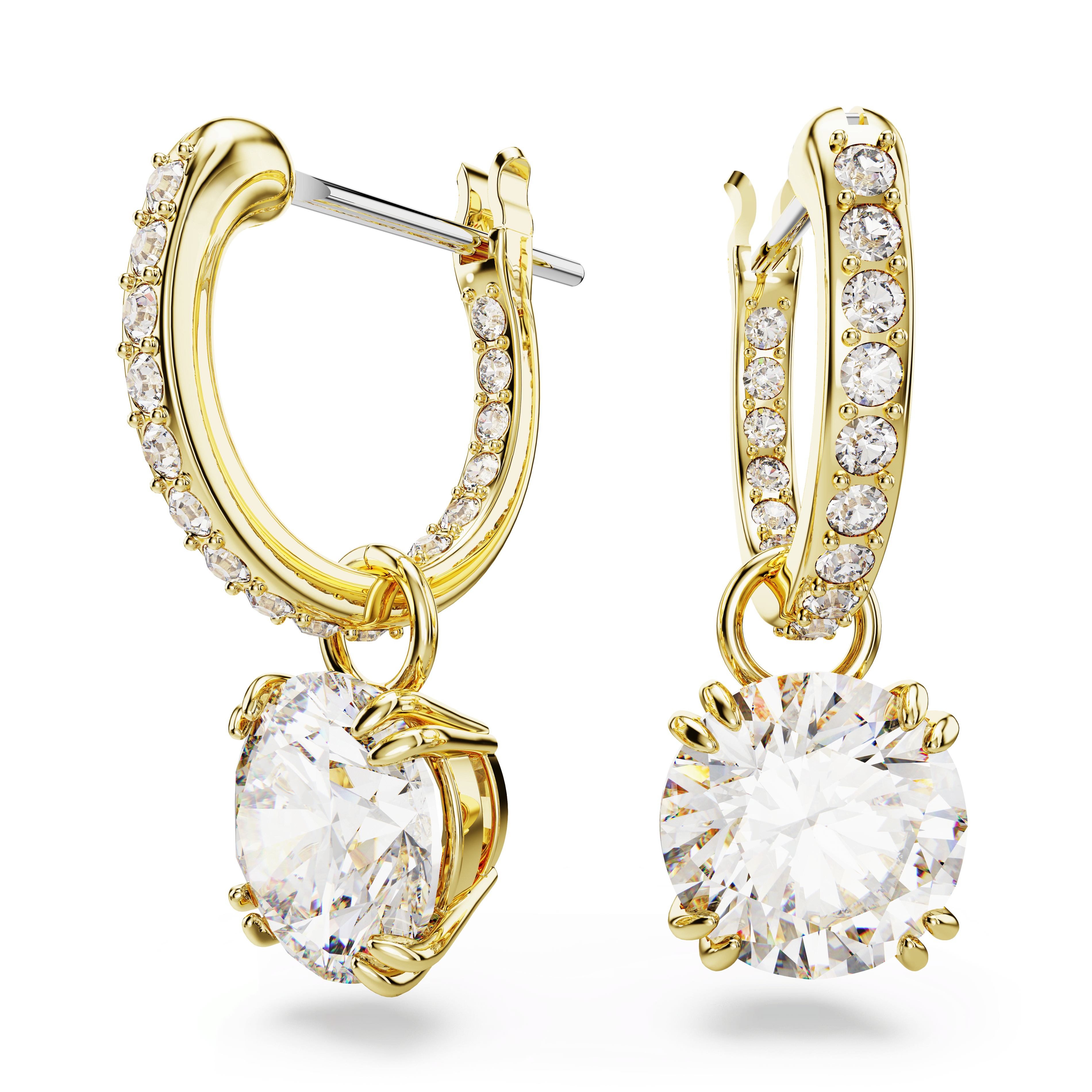 Swarovski Stilla drop earrings, Round cut, White, 18K gold finish — article 5689686
