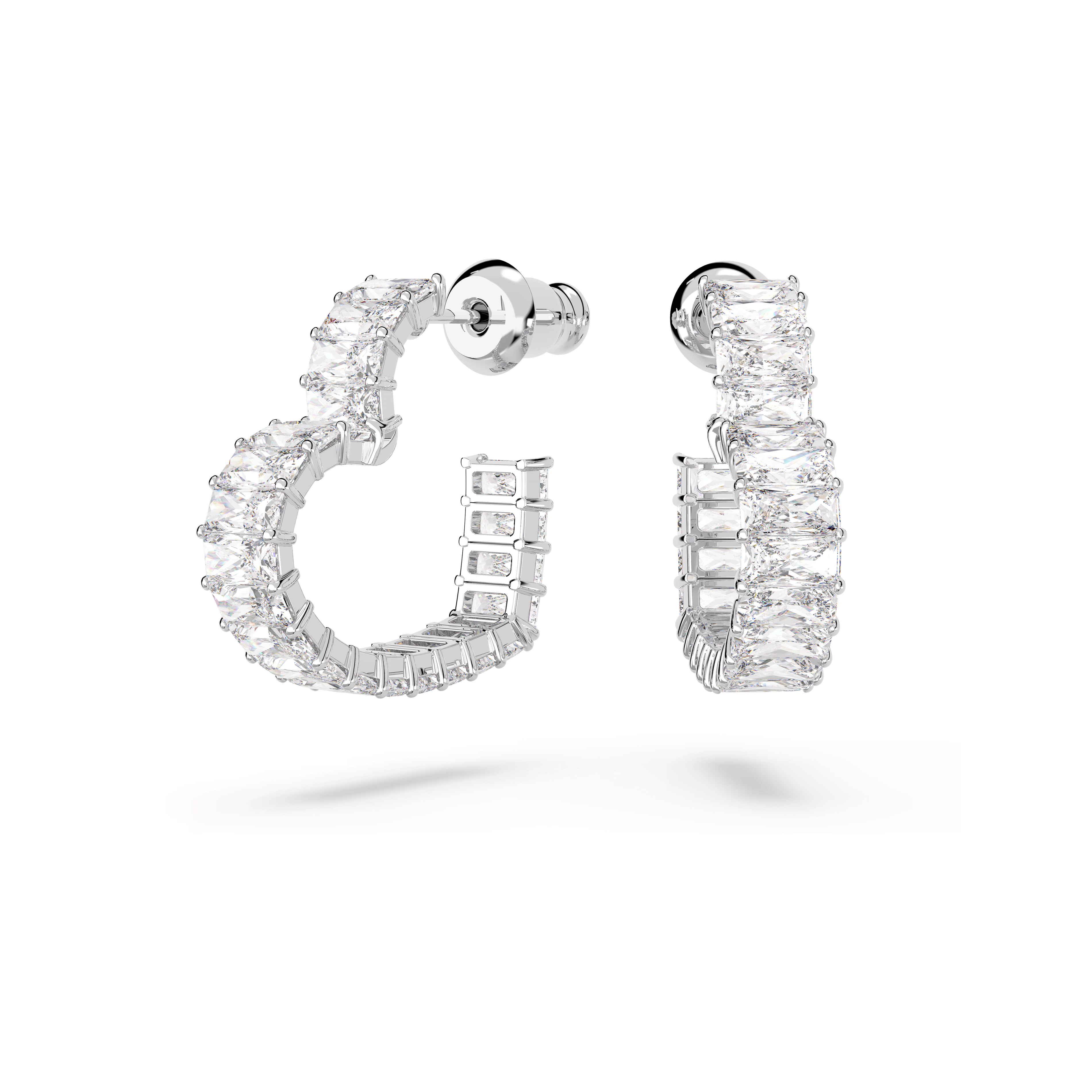 Swarovski Matrix hoop earrings, Baguette cut, Heart, Small, White, Rhodium plated — article 5689693