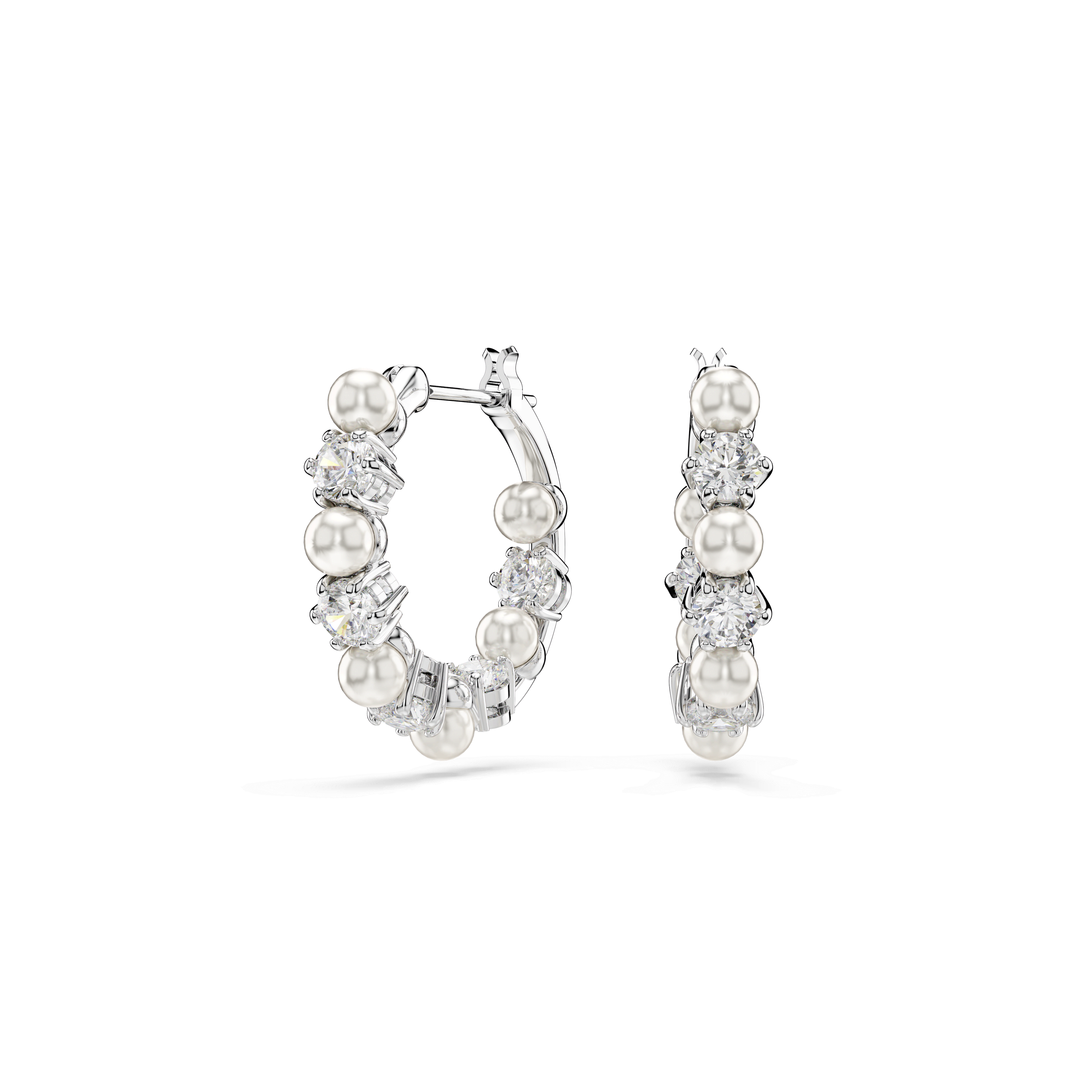 Swarovski Matrix hoop earrings, Crystal pearl, Round cut, White, Rhodium plated — article 5709256