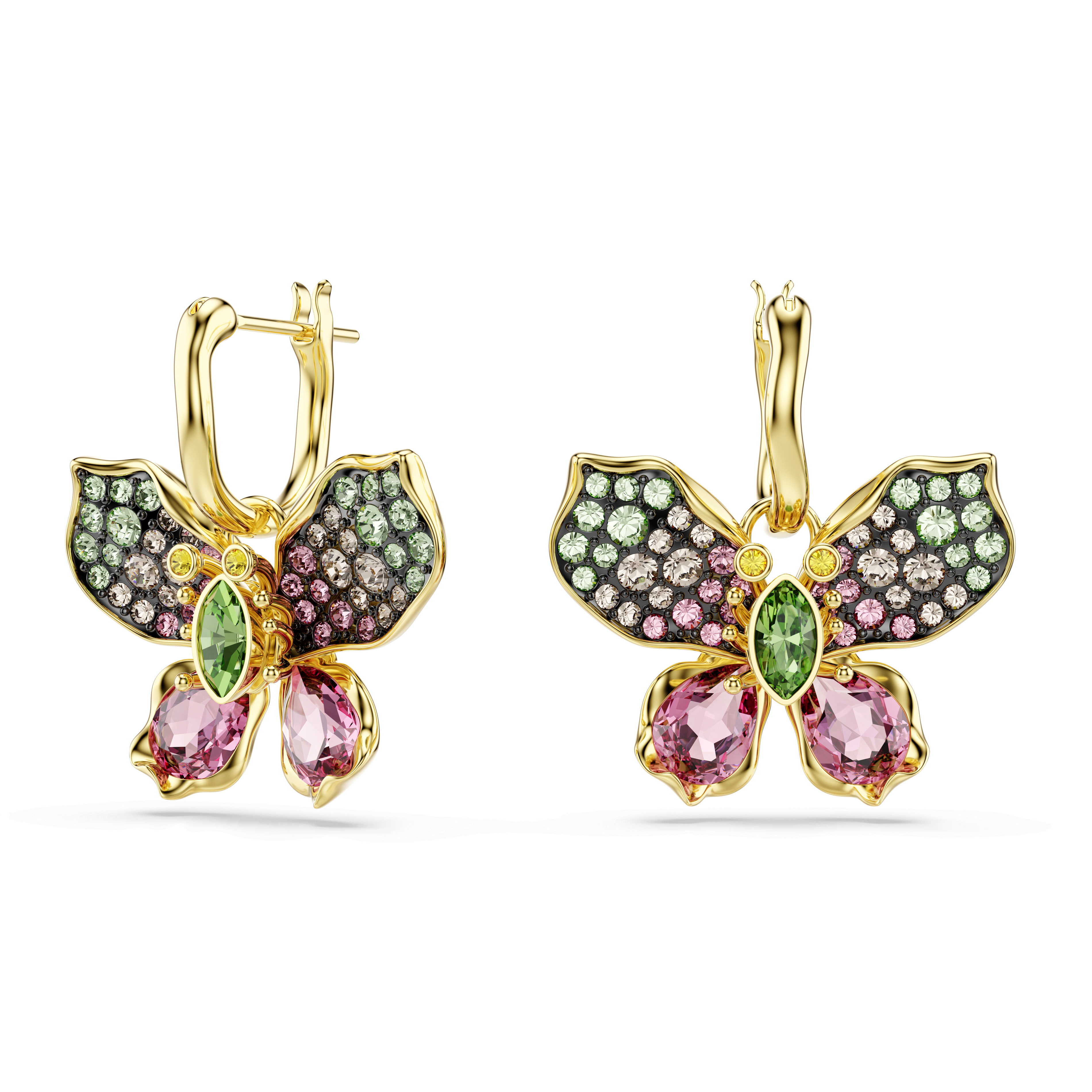 Swarovski Idyllia drop earrings, Mixed cuts, Pavé, Butterfly, Multicolored, 18K gold finish — article 5709953