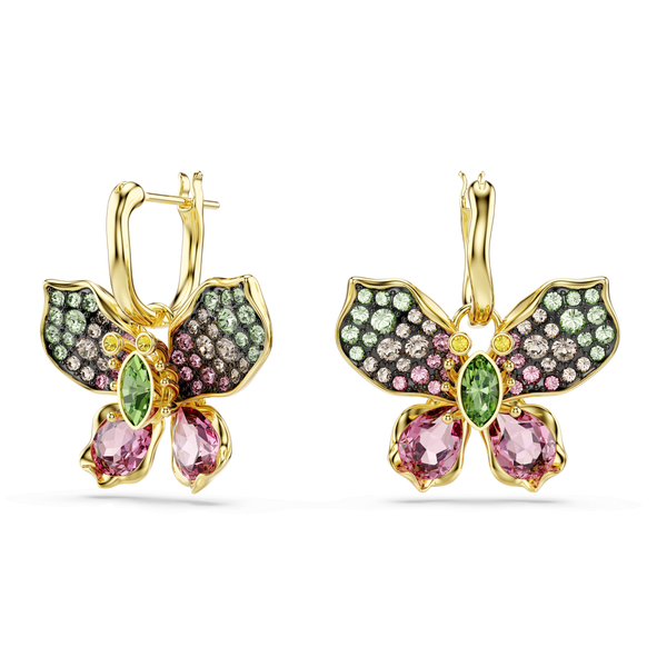 Idyllia drop earrings, Mixed cuts, Pavé, Butterfly, Multicolored, 18K gold finish — article 5709953