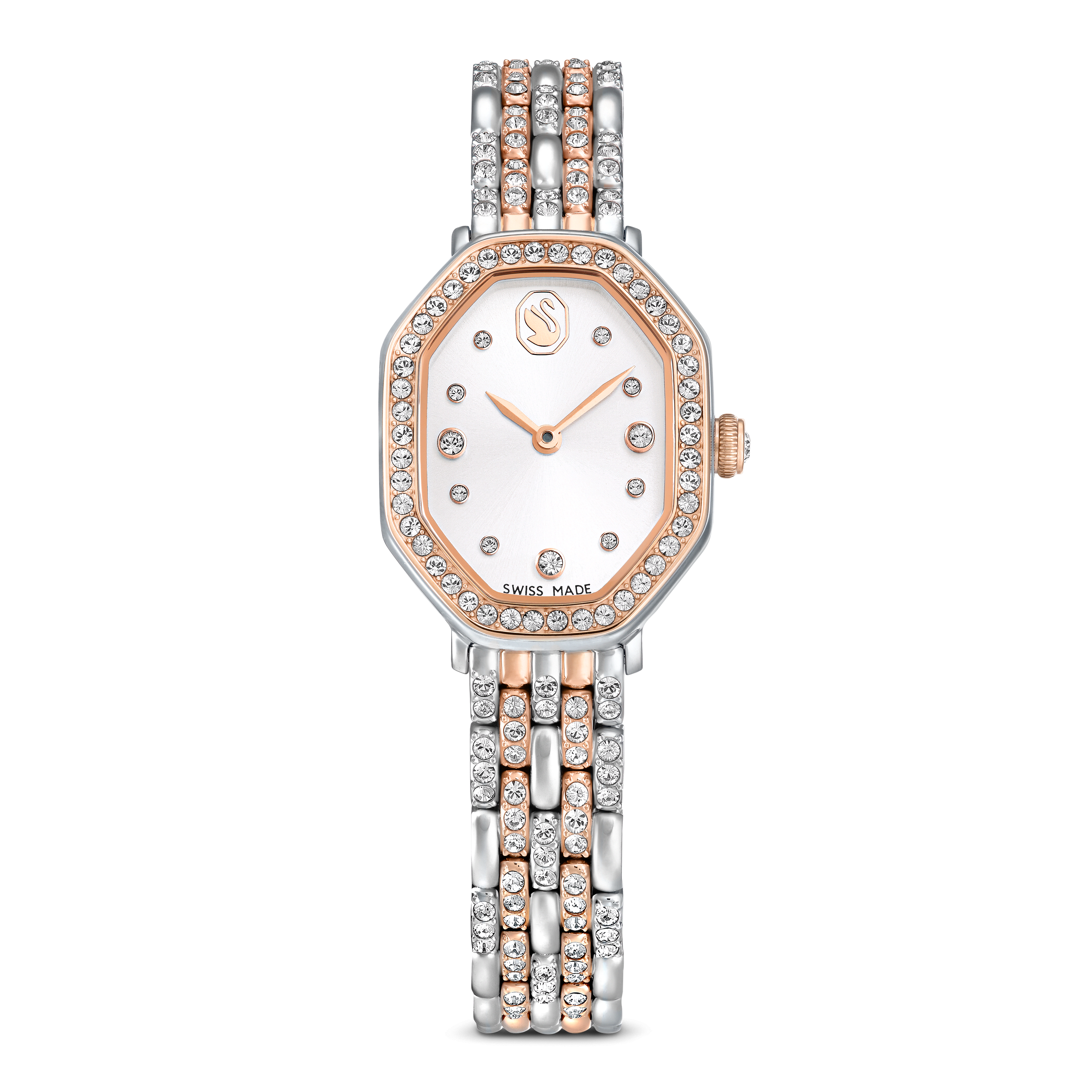 Swarovski Dextera octagon watch, Swiss Made, Metal bracelet, Silver tone, Rose gold-tone finish — article 5715521