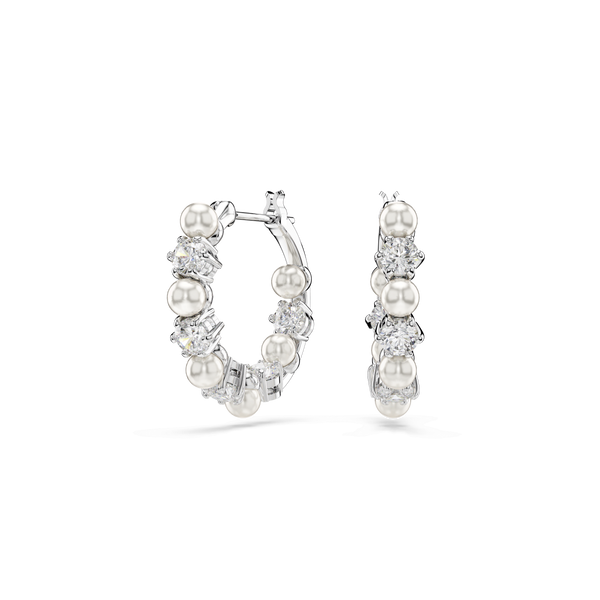 Matrix hoop earrings, Crystal pearl, Round cut, White, Rhodium plated — article 5720885