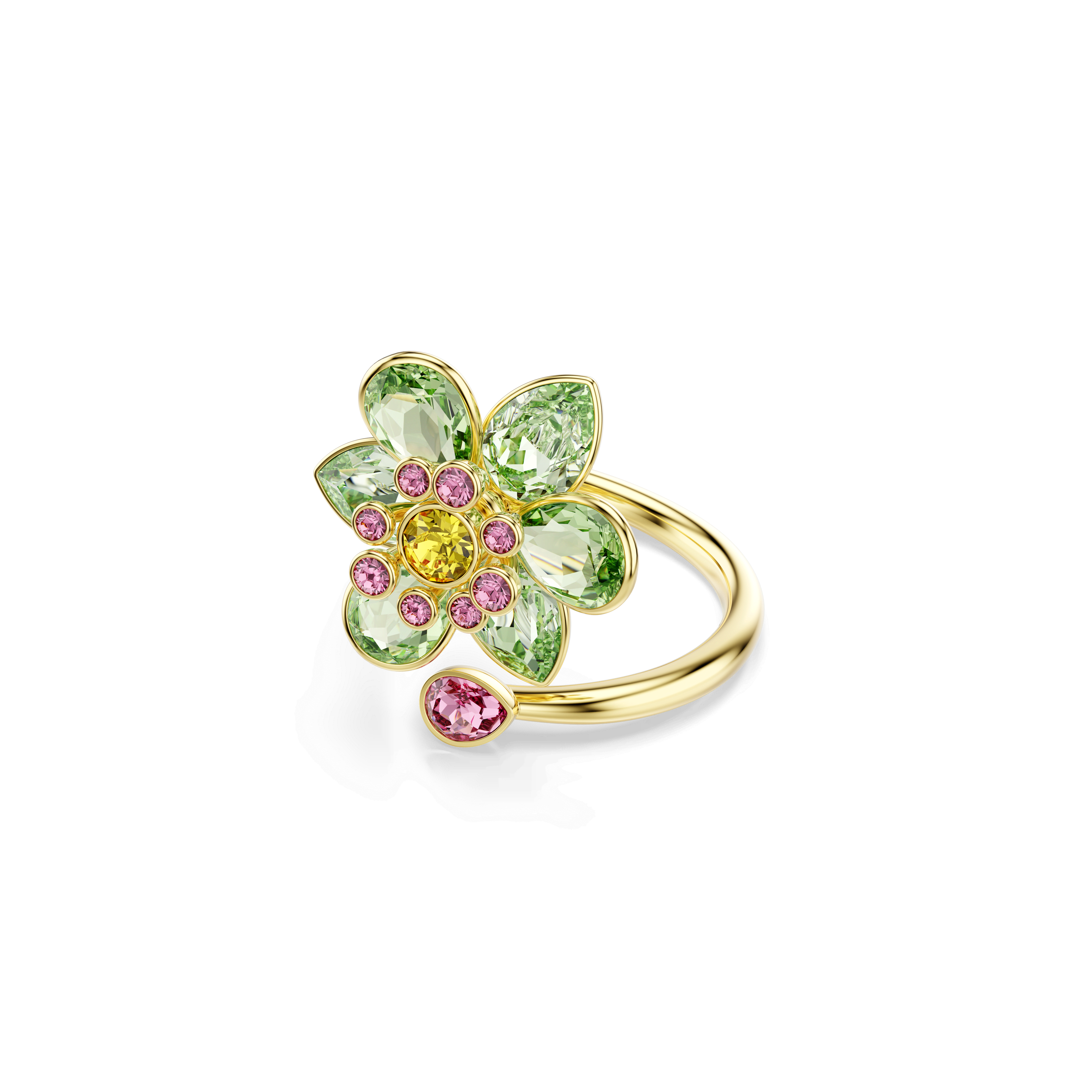 Swarovski Idyllia open ring, Mixed cuts, Flower, Green, 18K gold finish — article 5721598