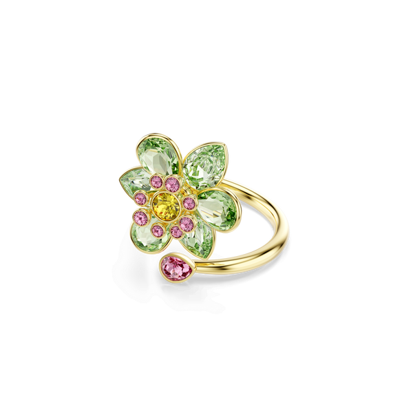 Idyllia open ring, Mixed cuts, Flower, Green, 18K gold finish — article 5721598
