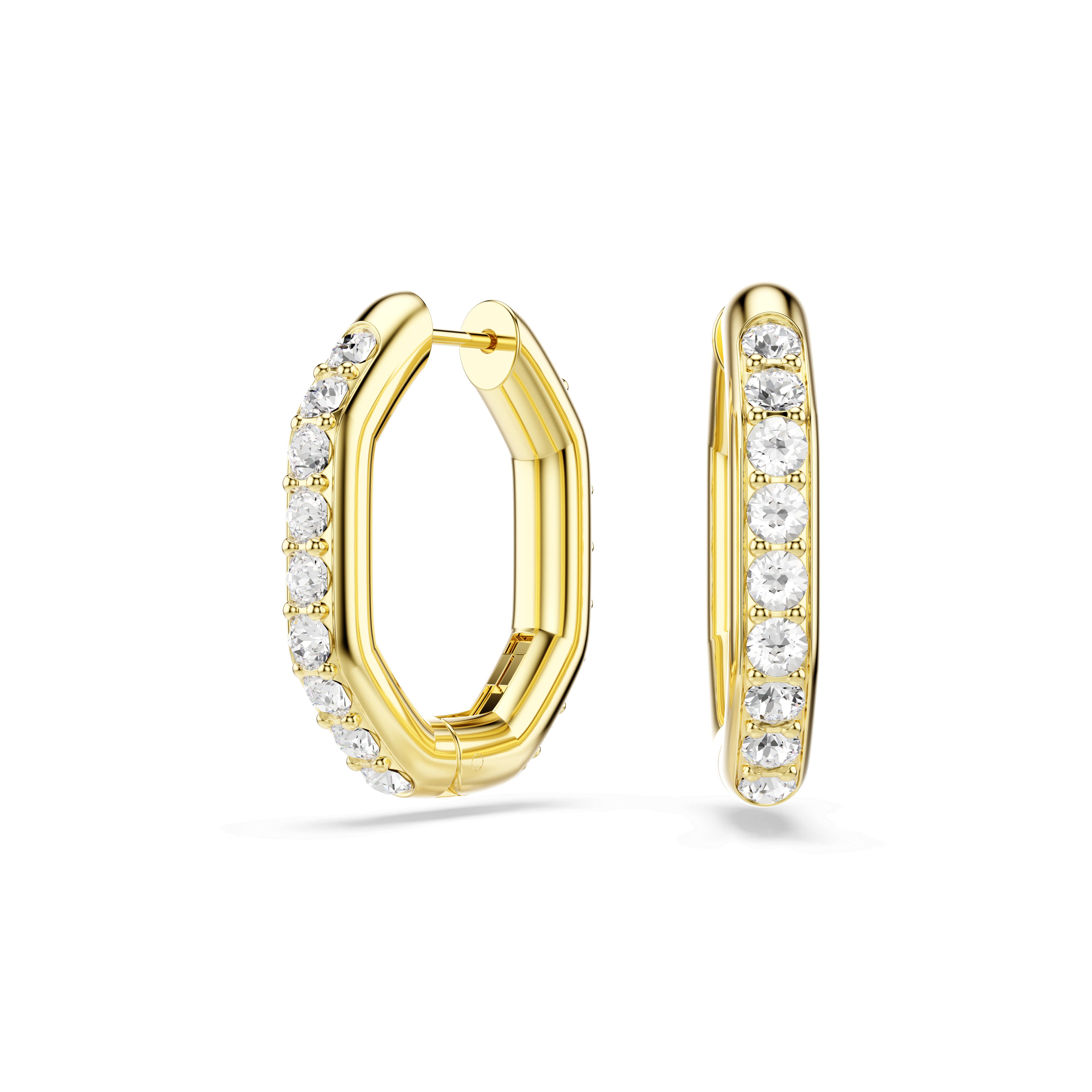 Swarovski Dextera hoop earrings, Octagon shape, Round cut, Medium, White, 18K gold finish — article 5724584