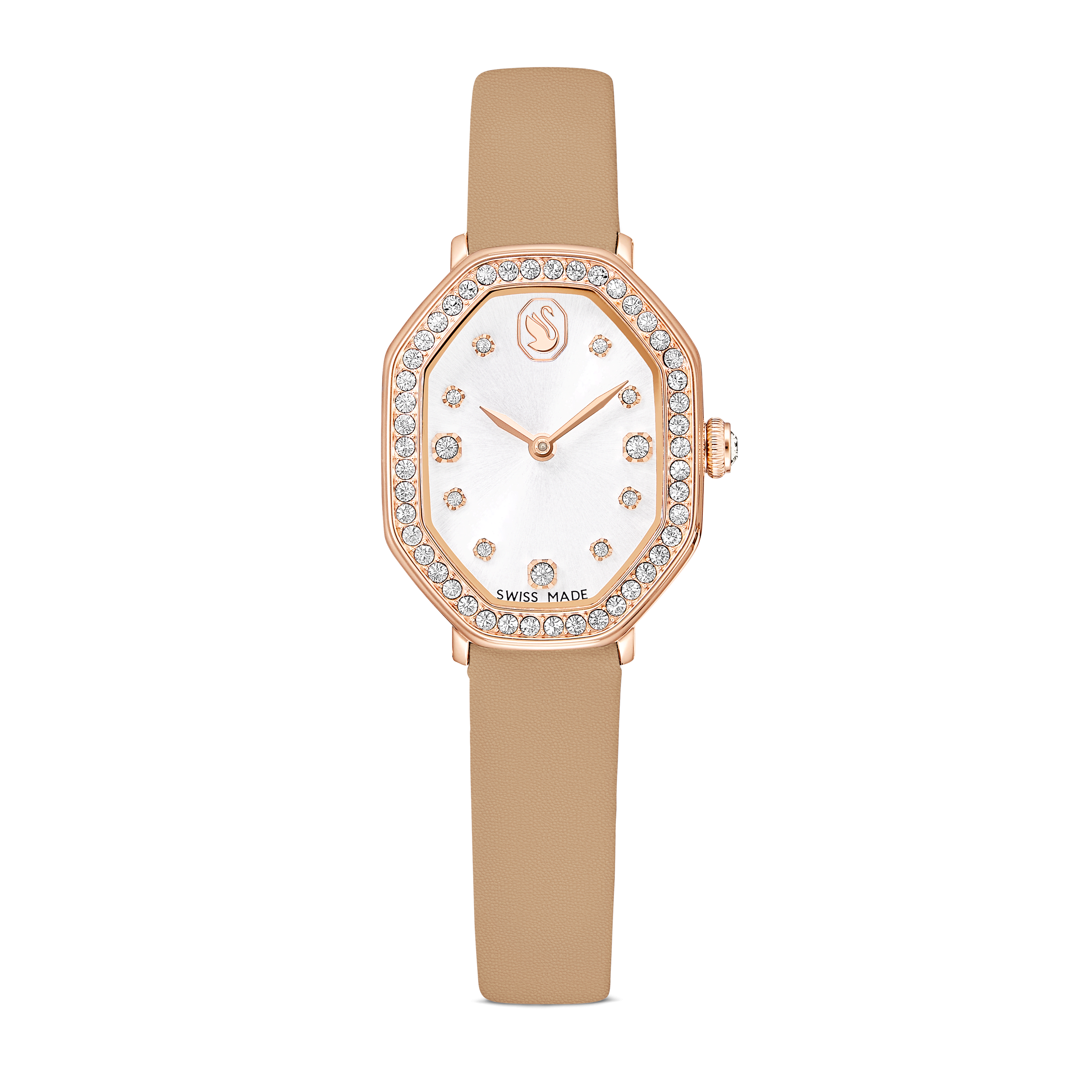 Swarovski Dextera octagon watch, Swiss Made, Leather strap, Brown, Rose gold-tone finish — article 5730184