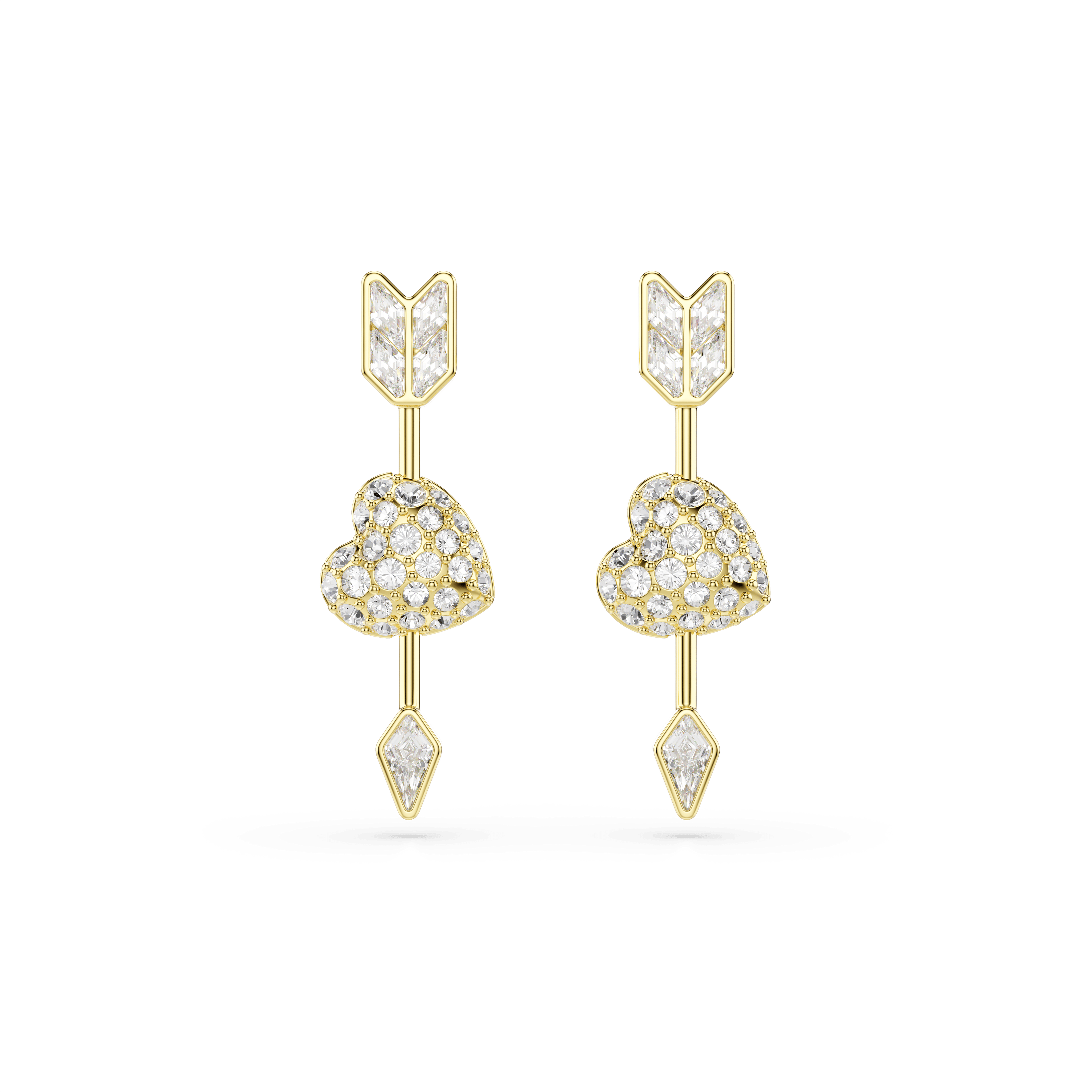 Swarovski Idyllia drop earrings, Mixed cuts, Heart with arrow, White, 18K gold finish — article 5737295