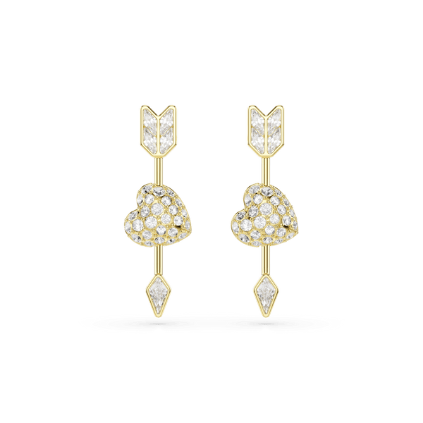 Idyllia drop earrings, Mixed cuts, Heart with arrow, White, 18K gold finish — article 5737295