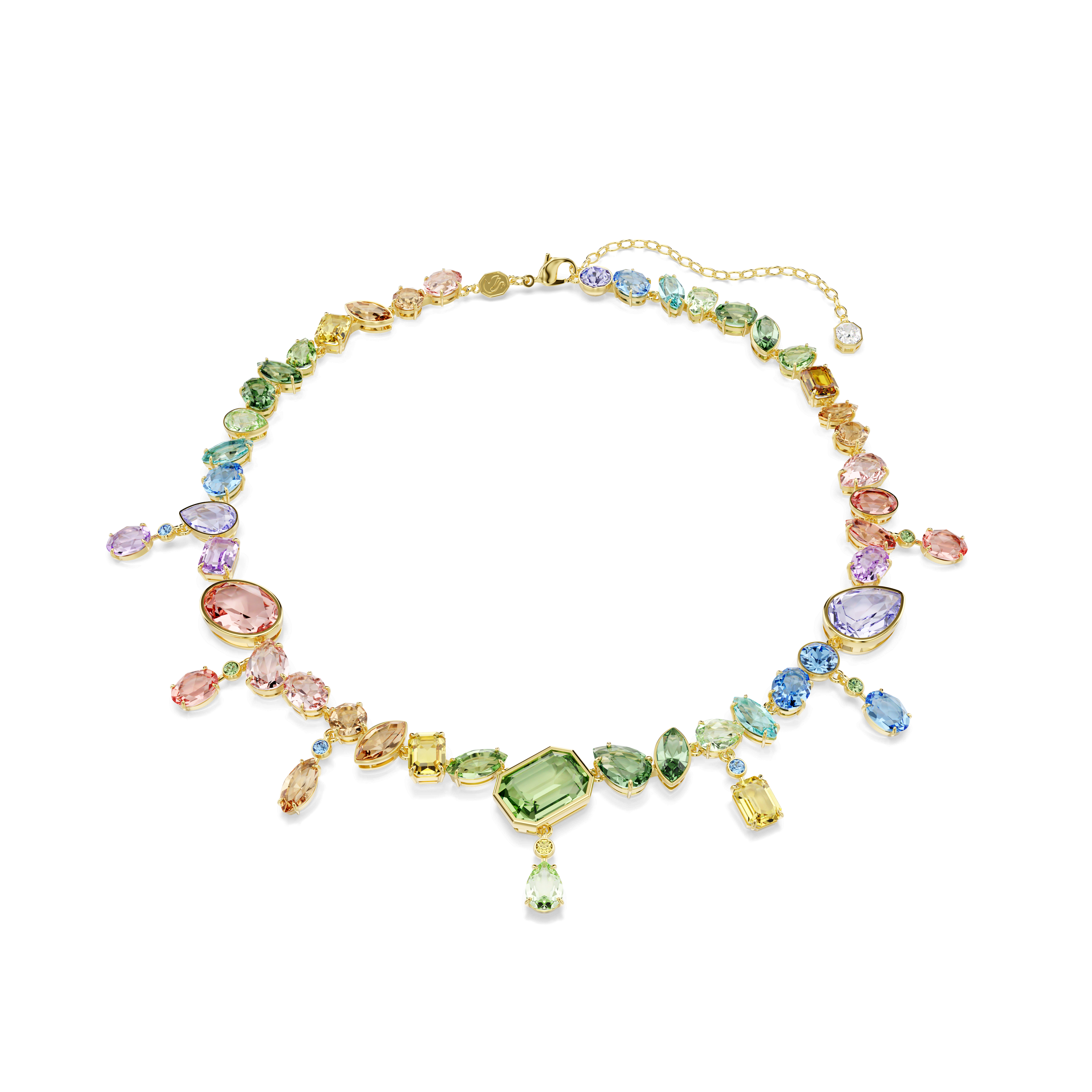 Swarovski Gema necklace, Mixed cuts, Dangling crystals, Multicolored, 18K gold finish — article 5737443