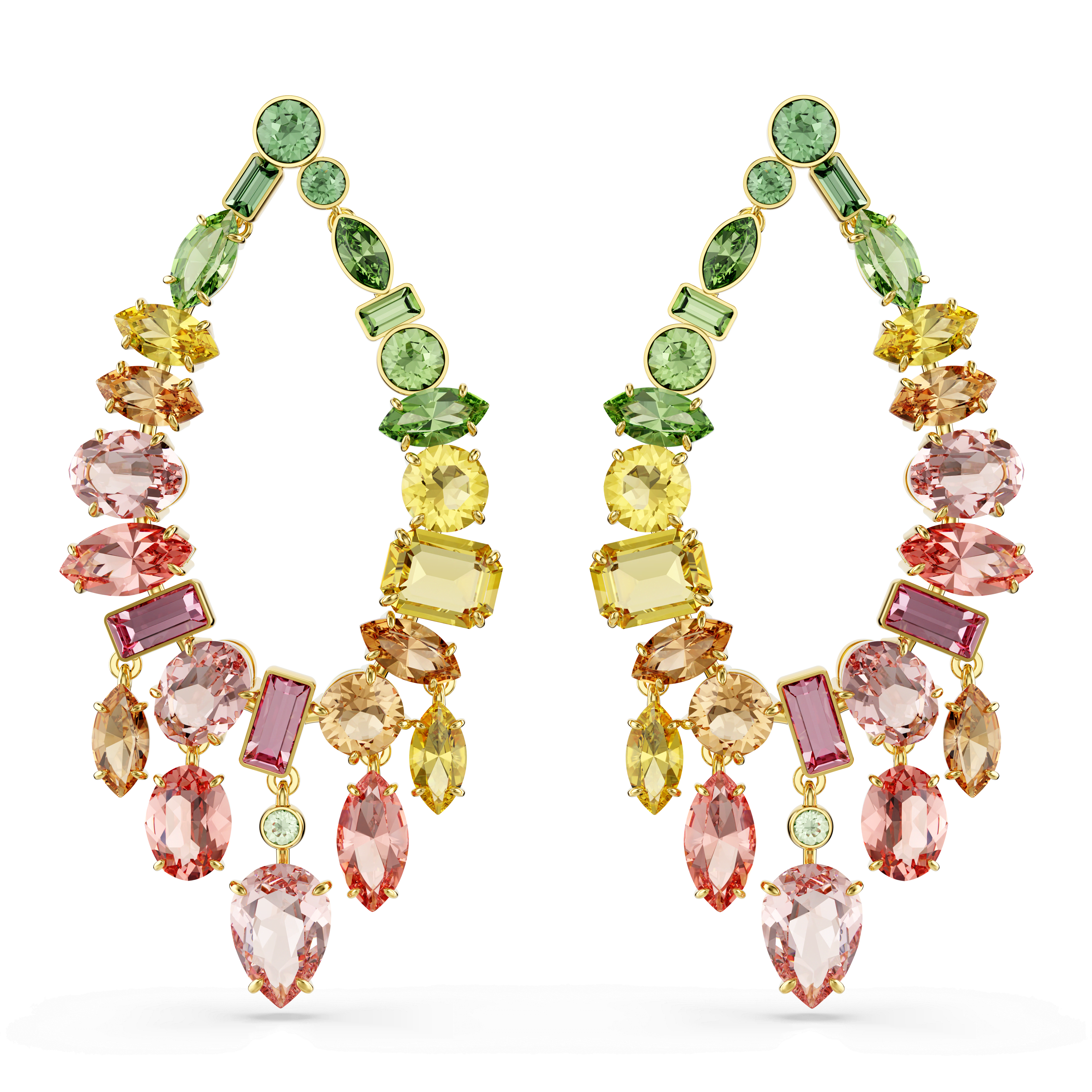 Swarovski Gema drop earrings, Mixed cuts, Chandelier, Multicolored, 18K gold finish — article 5737445