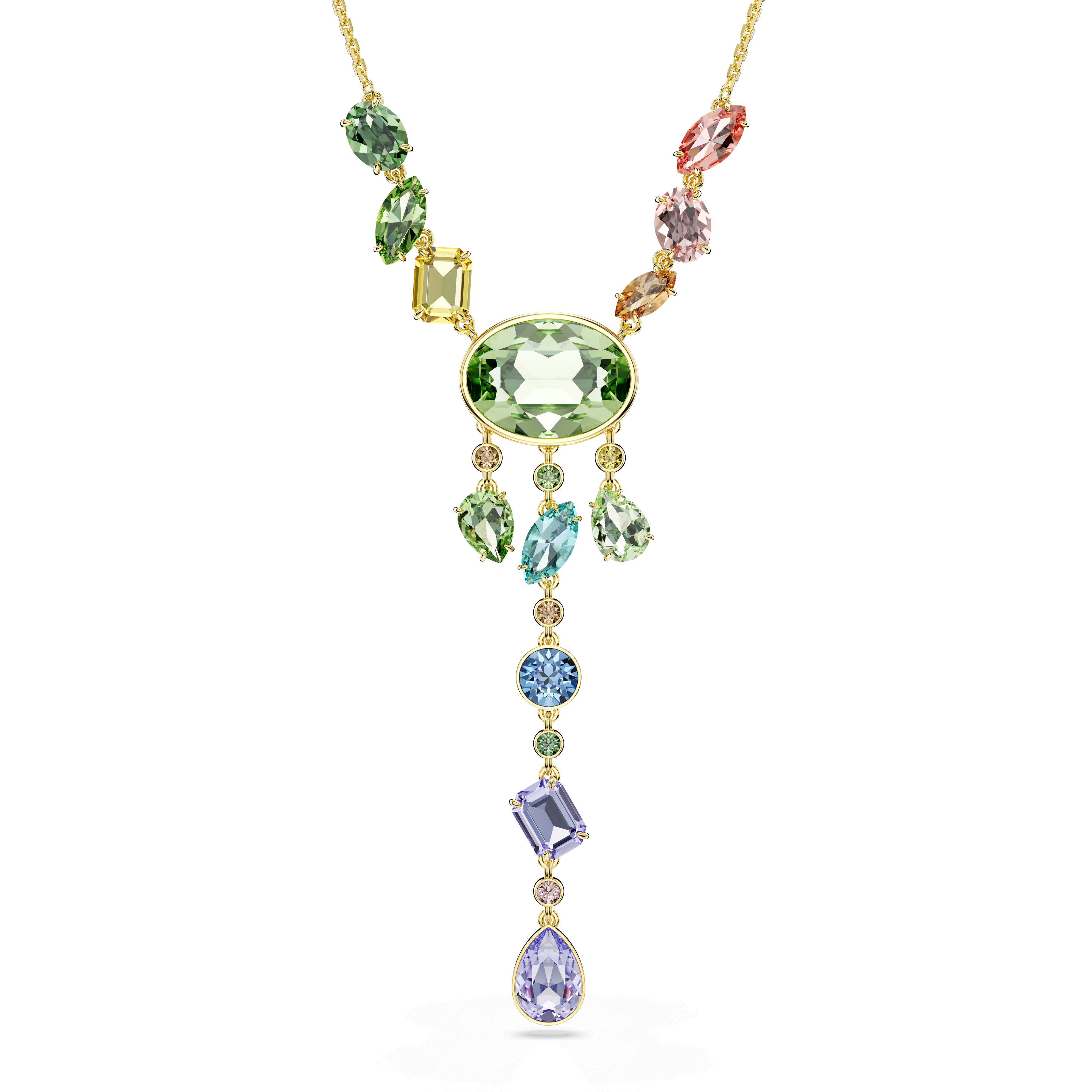 Swarovski Gema Y necklace, Mixed cuts, Multicolored, 18K gold finish — article 5737451