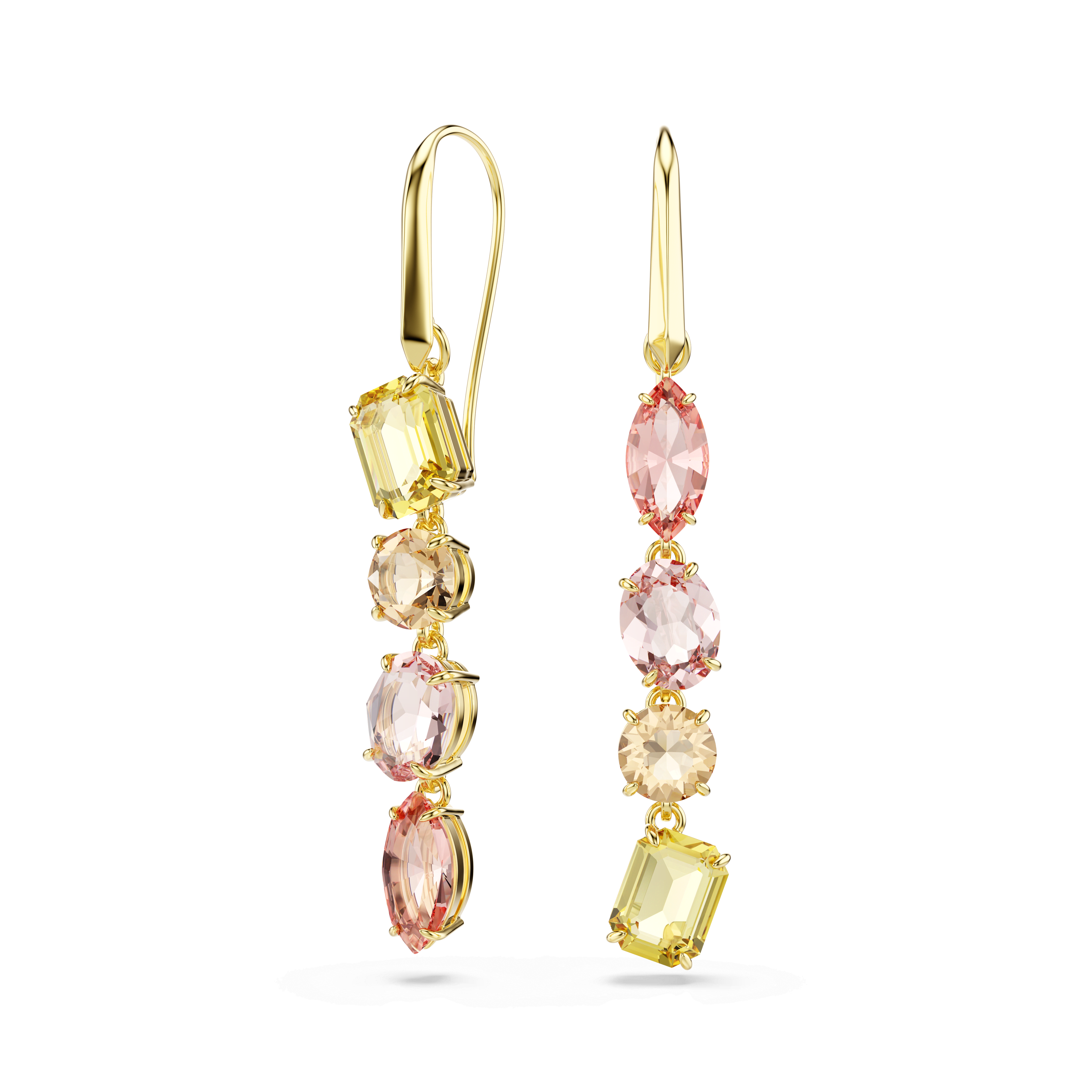 Swarovski Gema drop earrings, Asymmetrical design, Mixed cuts, Pink, 18K gold finish — article 5737454