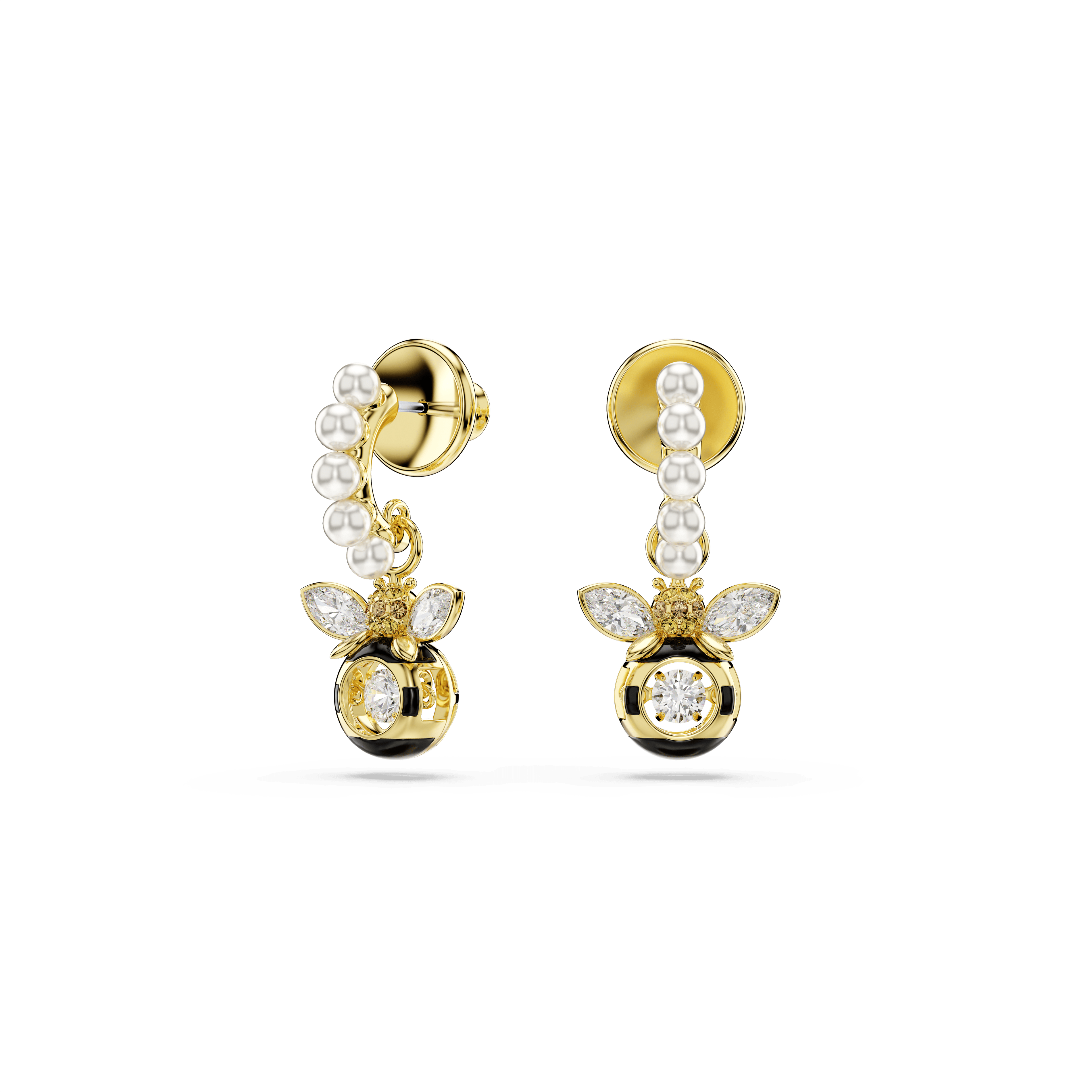 Swarovski Idyllia drop earrings, Crystal pearl, Mixed cuts, Bee, Multicolored, 18K gold finish — article 5742678