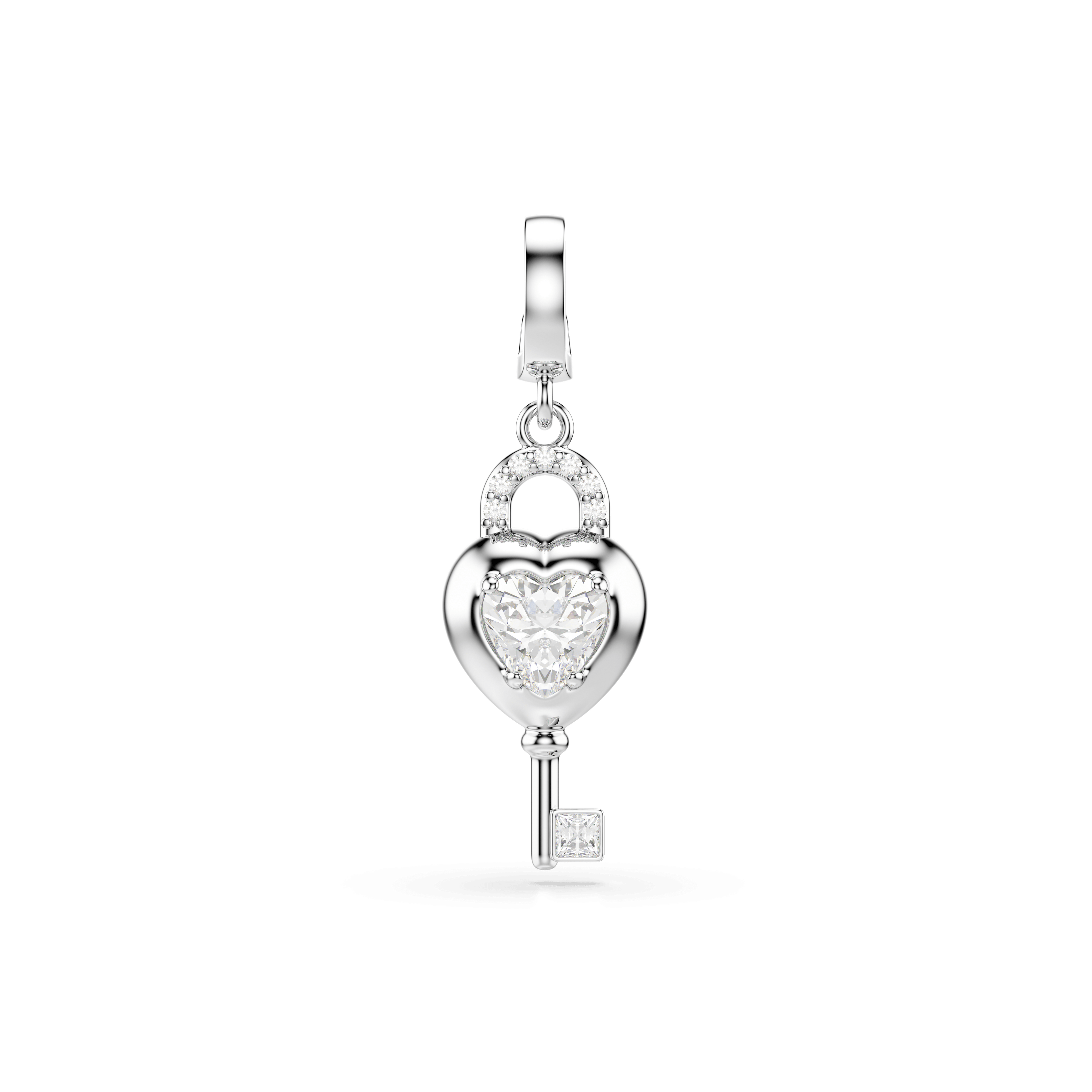 Swarovski Idyllia charm, Mixed cuts, Heart with key, White, Rhodium plated — article 5742957