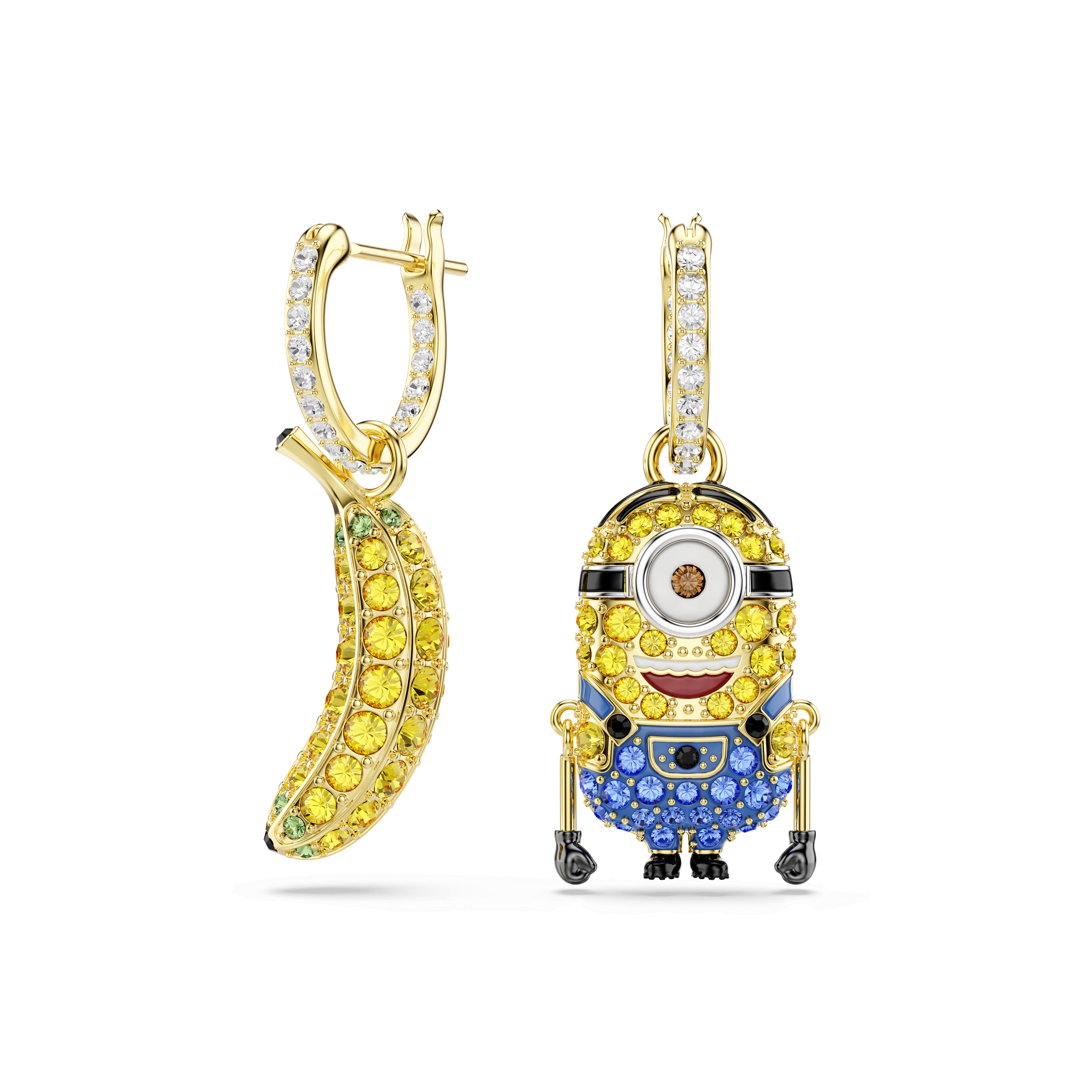 Swarovski Minions Stuart and Banana drop earrings, Pavé, Mini, Multicolored, 18K gold finish — article 5743382