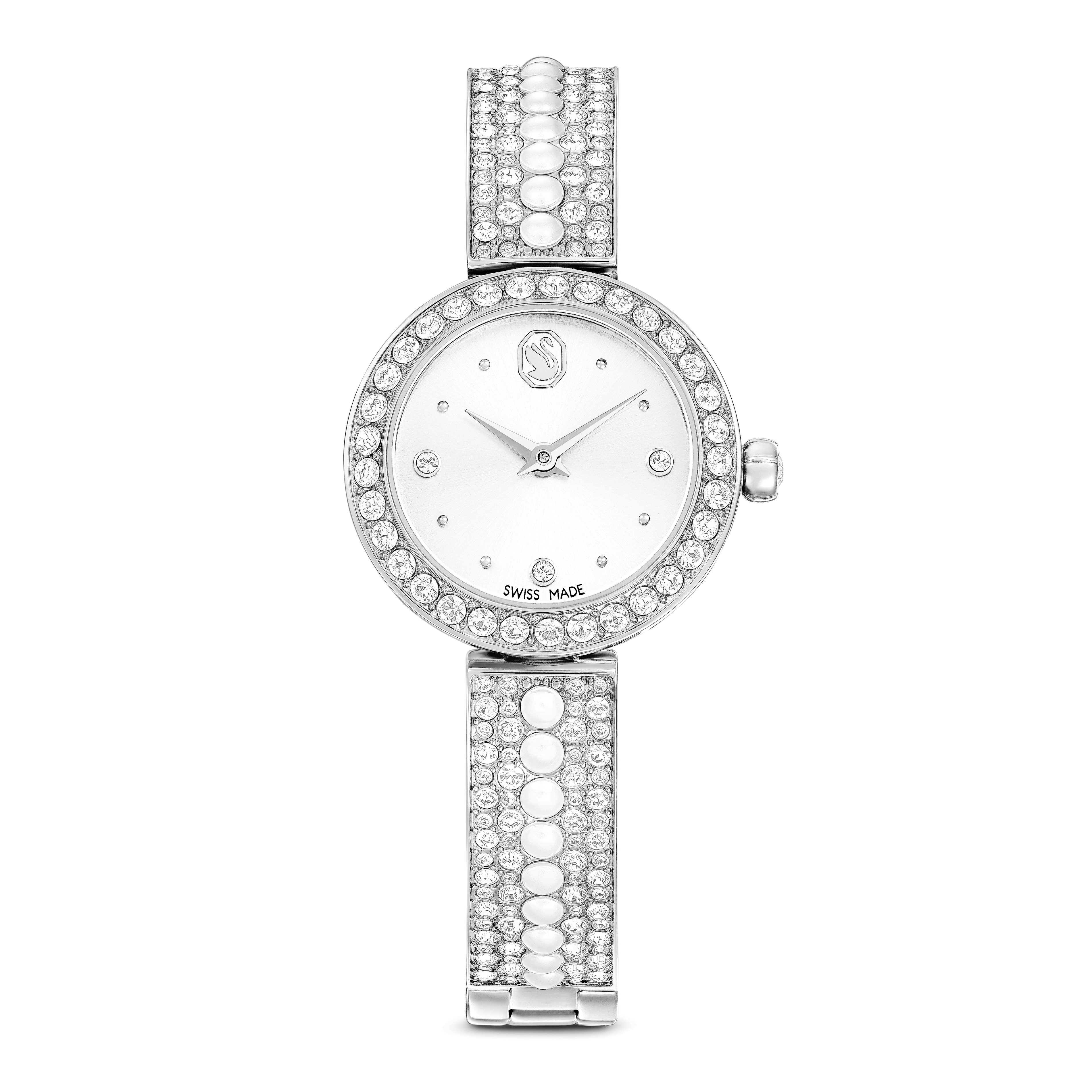 Swarovski Matrix pearl bangle watch, Swiss Made, Crystal bracelet, White, Stainless steel — article 5743680
