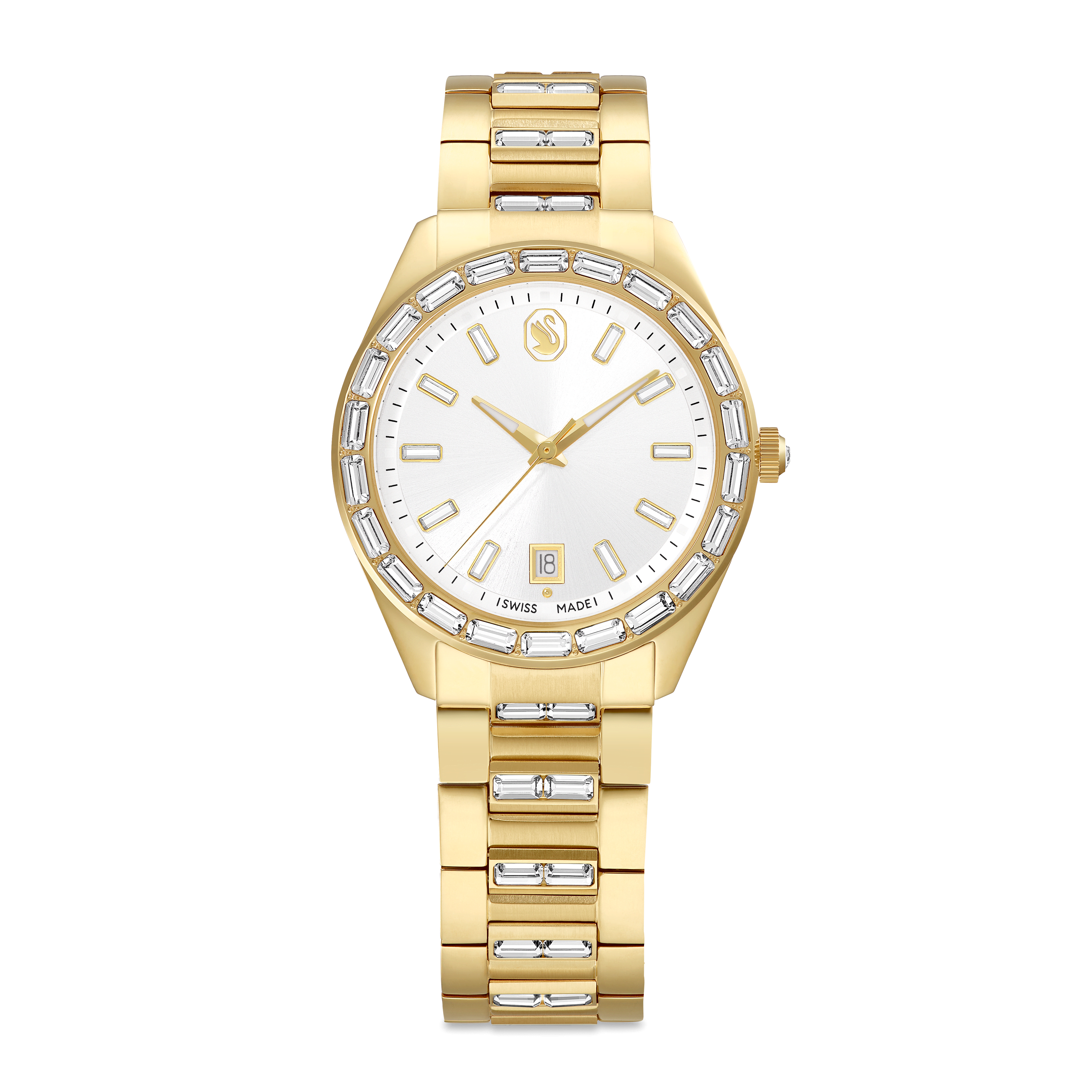 Swarovski Matrix date watch, Swiss Made, Metal bracelet, Gold tone, Gold-tone finish — article 5745534