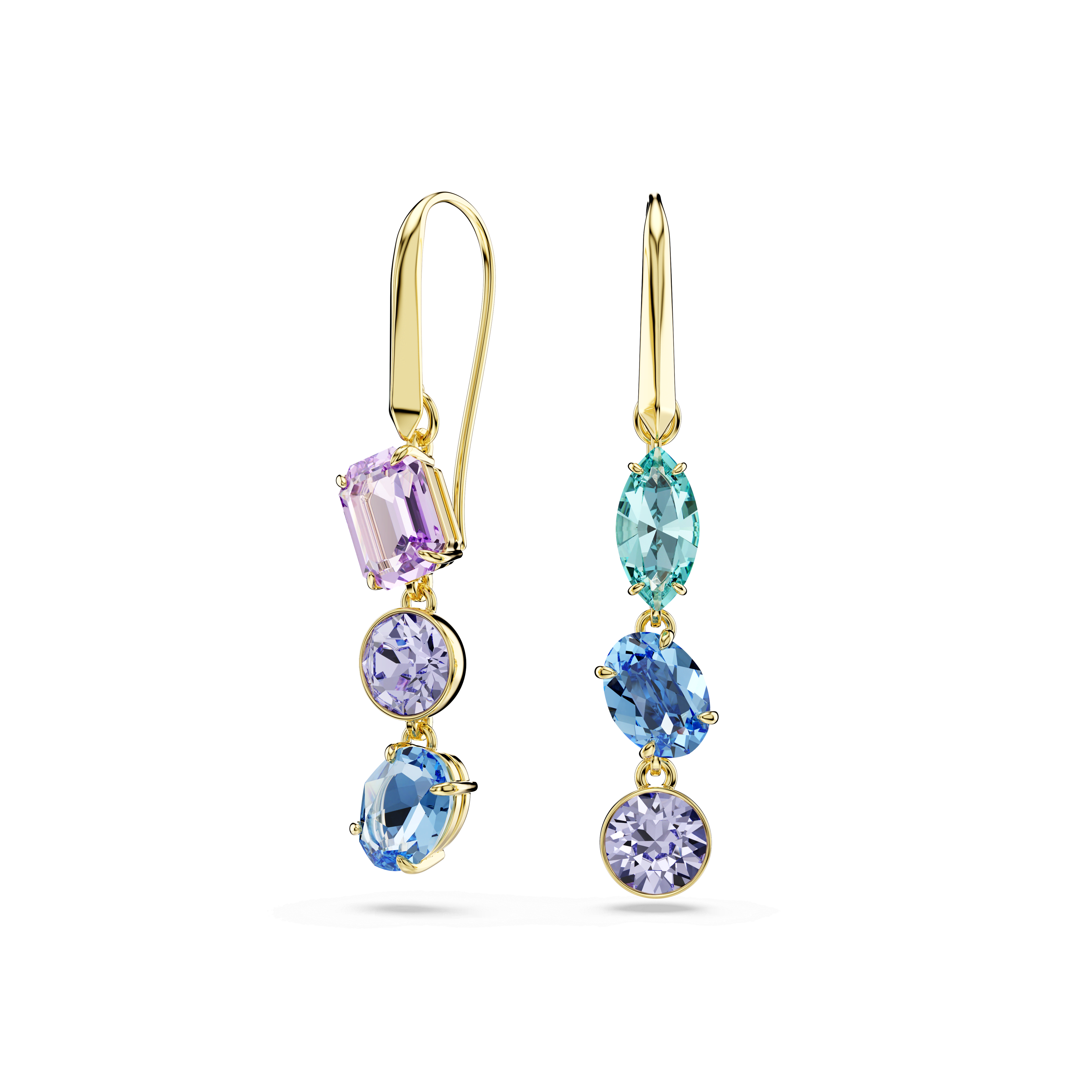 Swarovski Gema drop earrings, Asymmetrical design, Mixed cuts, Multicolored, 18K gold finish — article 5747917