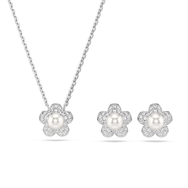 Ariana Grande x Swarovski set, Crystal pearl, Round cut, Flower, White, Rhodium plated — article 5749180