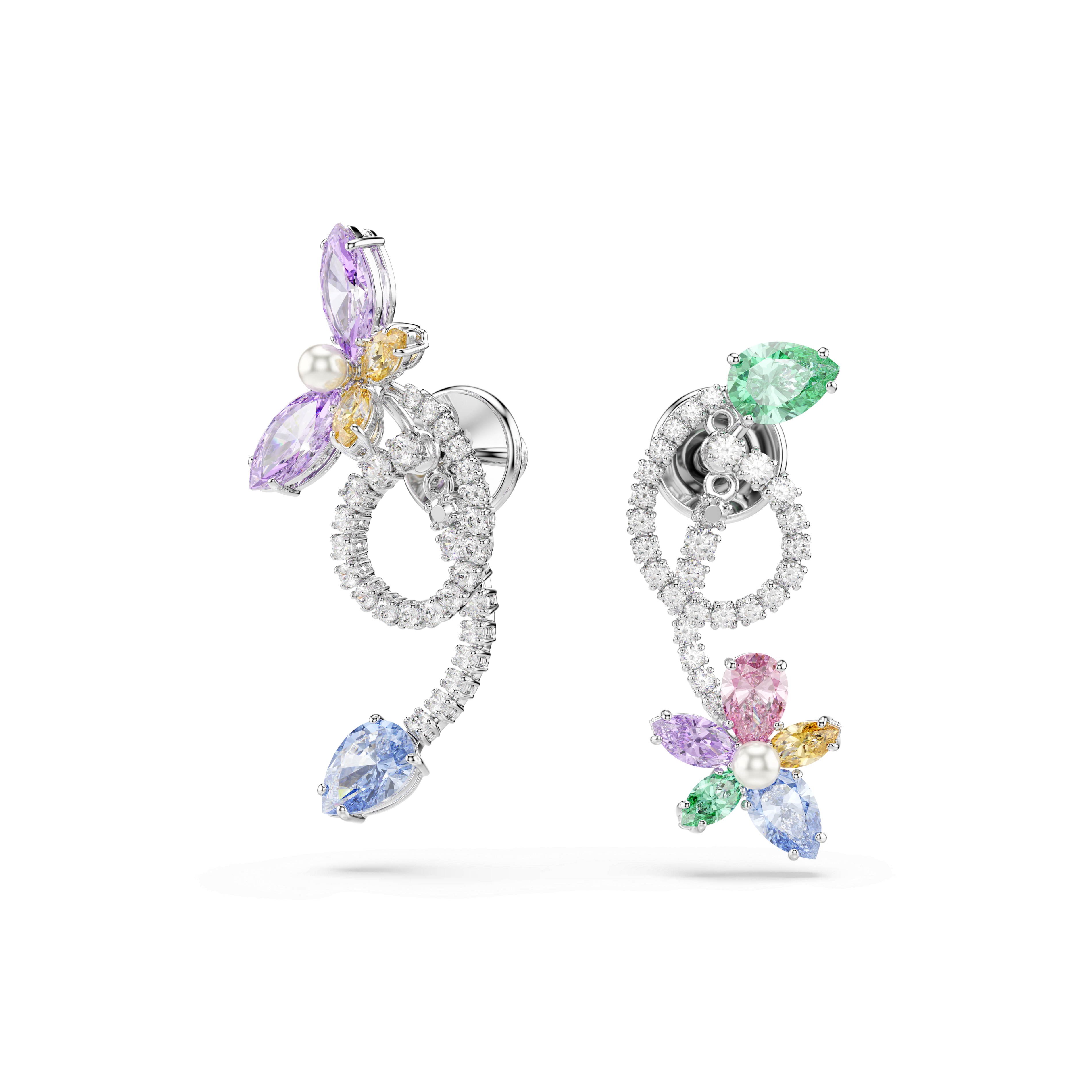 Swarovski Ariana Grande x Swarovski drop earrings with ear jacket, Mixed cuts, Dragonfly, Flower, Multicolored, Rhodium plated — article 5749190